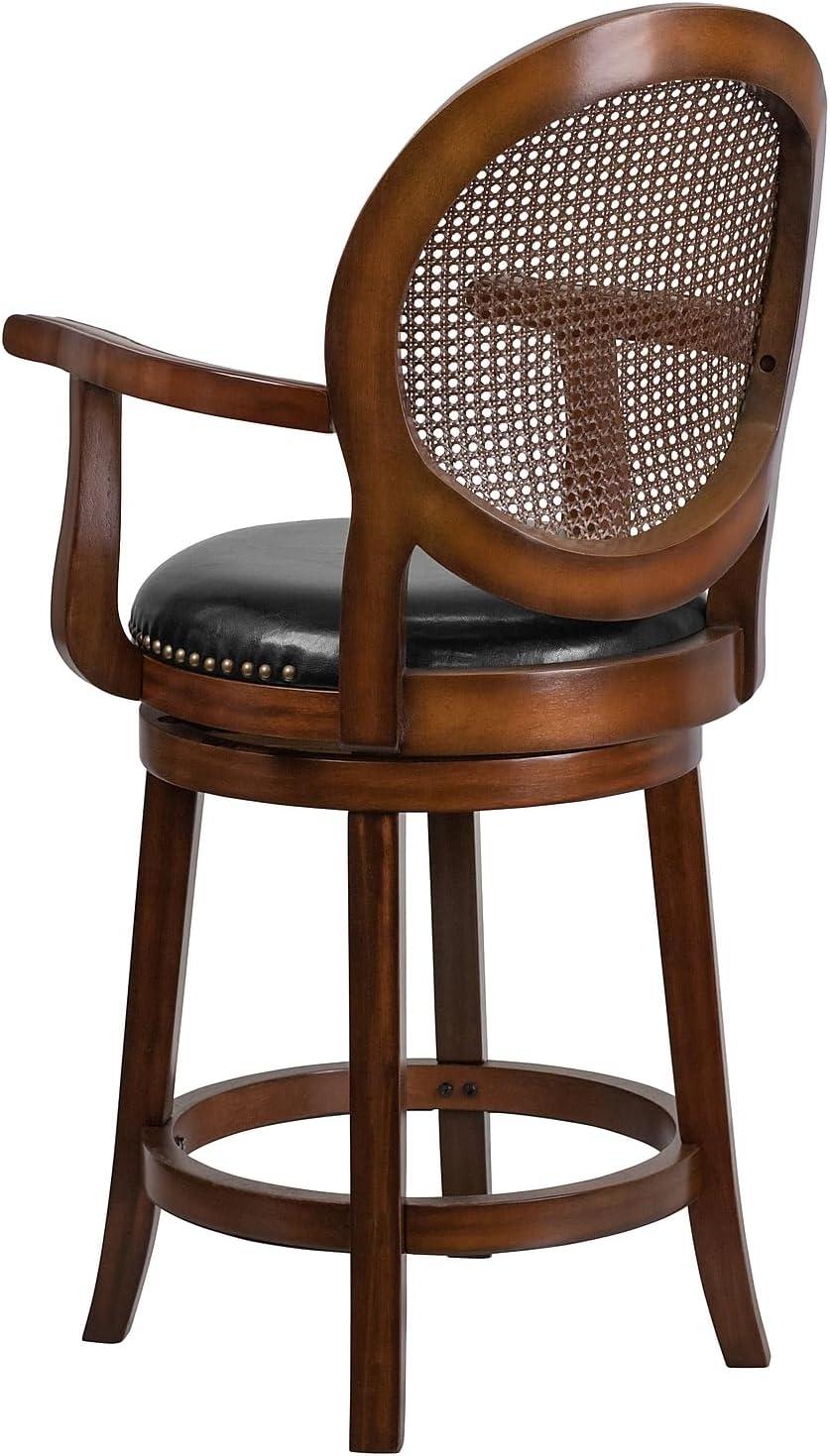 Flash Furniture 26'' High Expresso Wood Counter Height Stool with Arms, Woven Rattan Back and Black LeatherSoft Swivel Seat