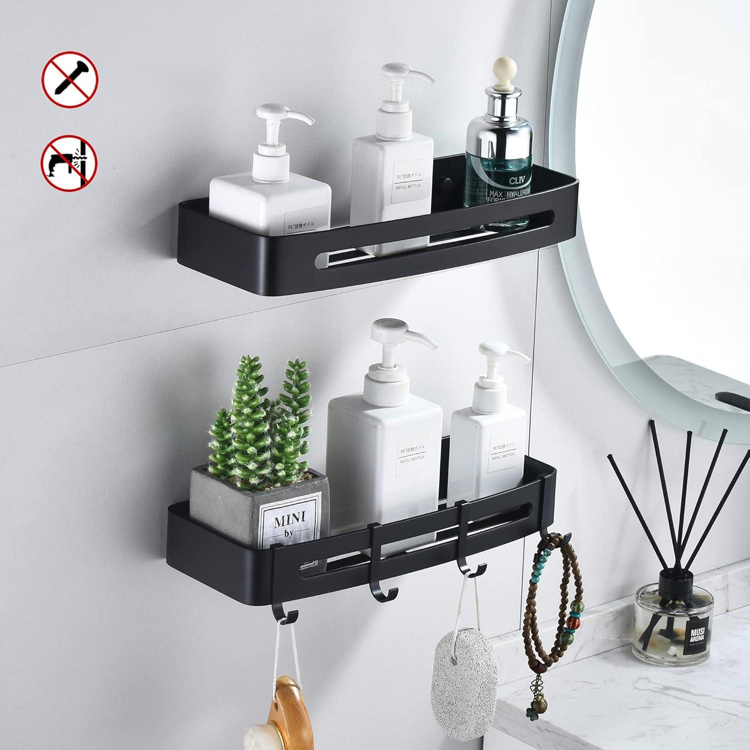 Black Shower Shelf Bathroom Shelf No Drilling Aluminum Shower Wall Basket Bathroom Storage Shelf Adhesive Shower Caddy, Durable, Non-Rusting (2 Tiers)