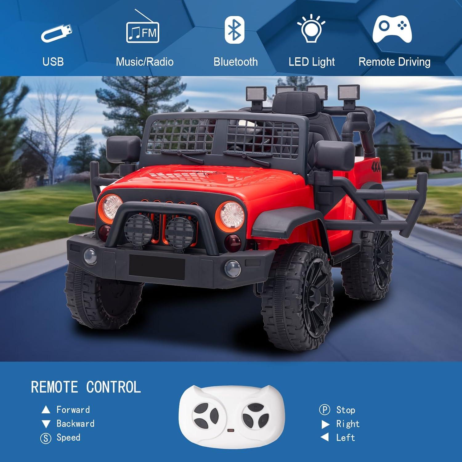 FINITO 24V Kids Ride On Car 2-Seater Jeep 4WD Electric Toy Car 4 Wheels Battery Powered Truck with Remote Control Bluetooth Music Player Gift for Boys Girls Age 3+, Red