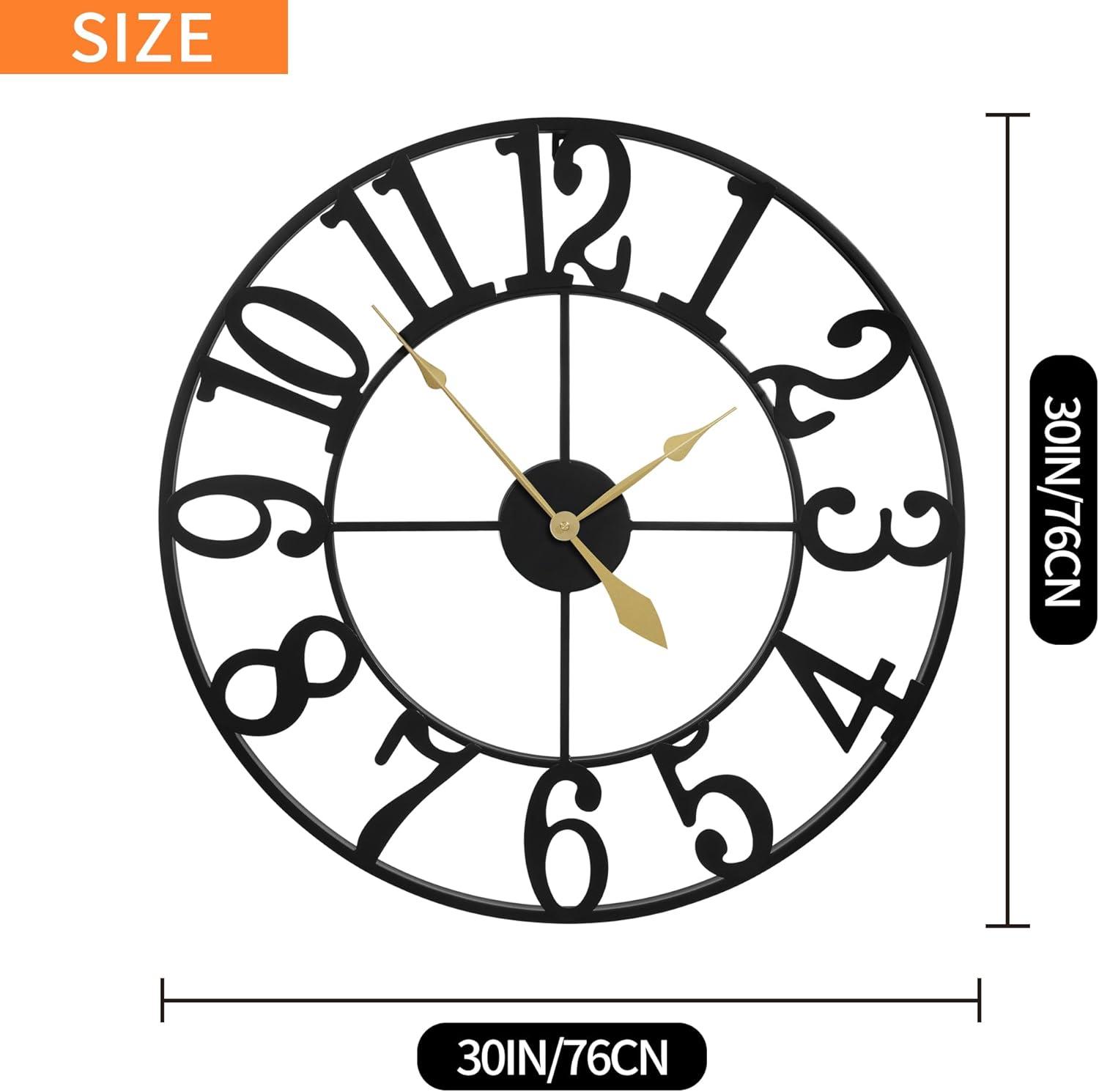 Large Vintage Round Metal Wall Clock Silent Non Ticking Battery Operated Black Roman Numerals Clocks For Living Room Bedroom Kitchen Decoration