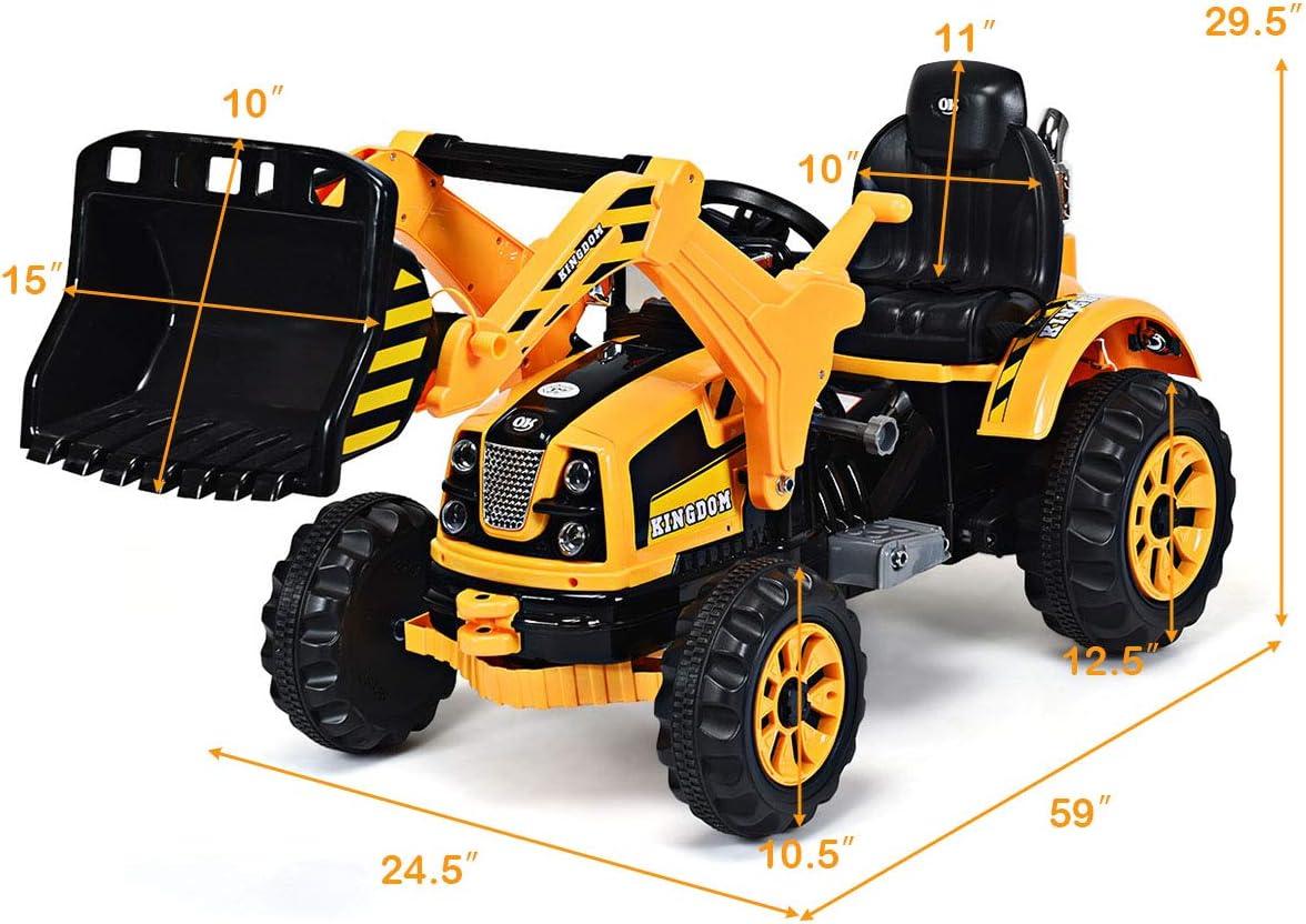 Yellow 12V Battery Powered Ride-On Excavator with Front Loader