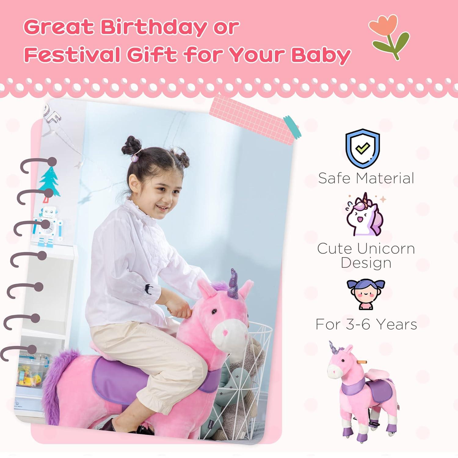 Qaba Ride On Real Walking Unicorn with Sparkly Horn, Soft Plush Ride On Rocking Horse Bearing 176lbs, Imaginative Interactive Toy for Kids, Unicorn Gifts