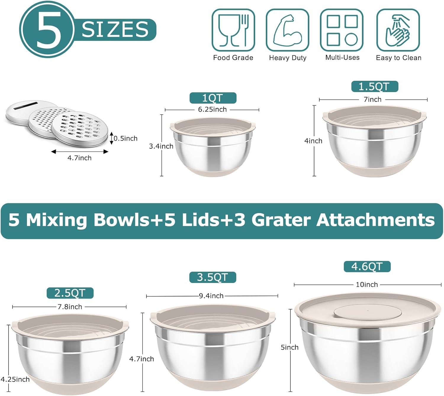 Toledo Bath & Kitchen Stainless Steel Mixing Bowls With Lids, 5-Pack Metal Nesting Bowls With Airtight Covers For Cooking, Baking, Serving, Storage, Non-Toxic & Dishwasher Safe, Size 4.6/3/1.5/1/0.7QT - Khaki