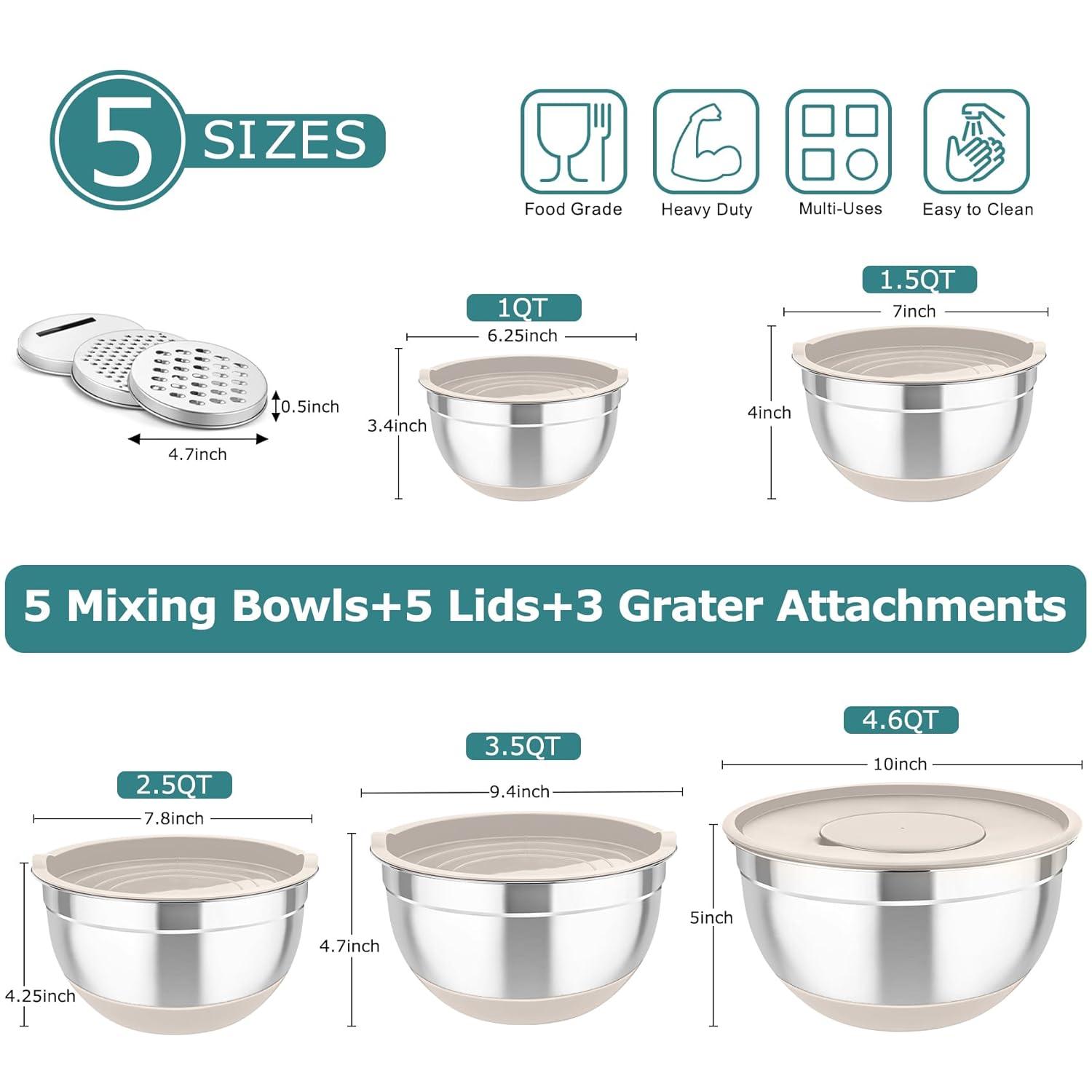 Toledo Bath & Kitchen Stainless Steel Mixing Bowls With Lids, 5-Pack Metal Nesting Bowls With Airtight Covers For Cooking, Baking, Serving, Storage, Non-Toxic & Dishwasher Safe, Size 4.6/3/1.5/1/0.7QT - Khaki