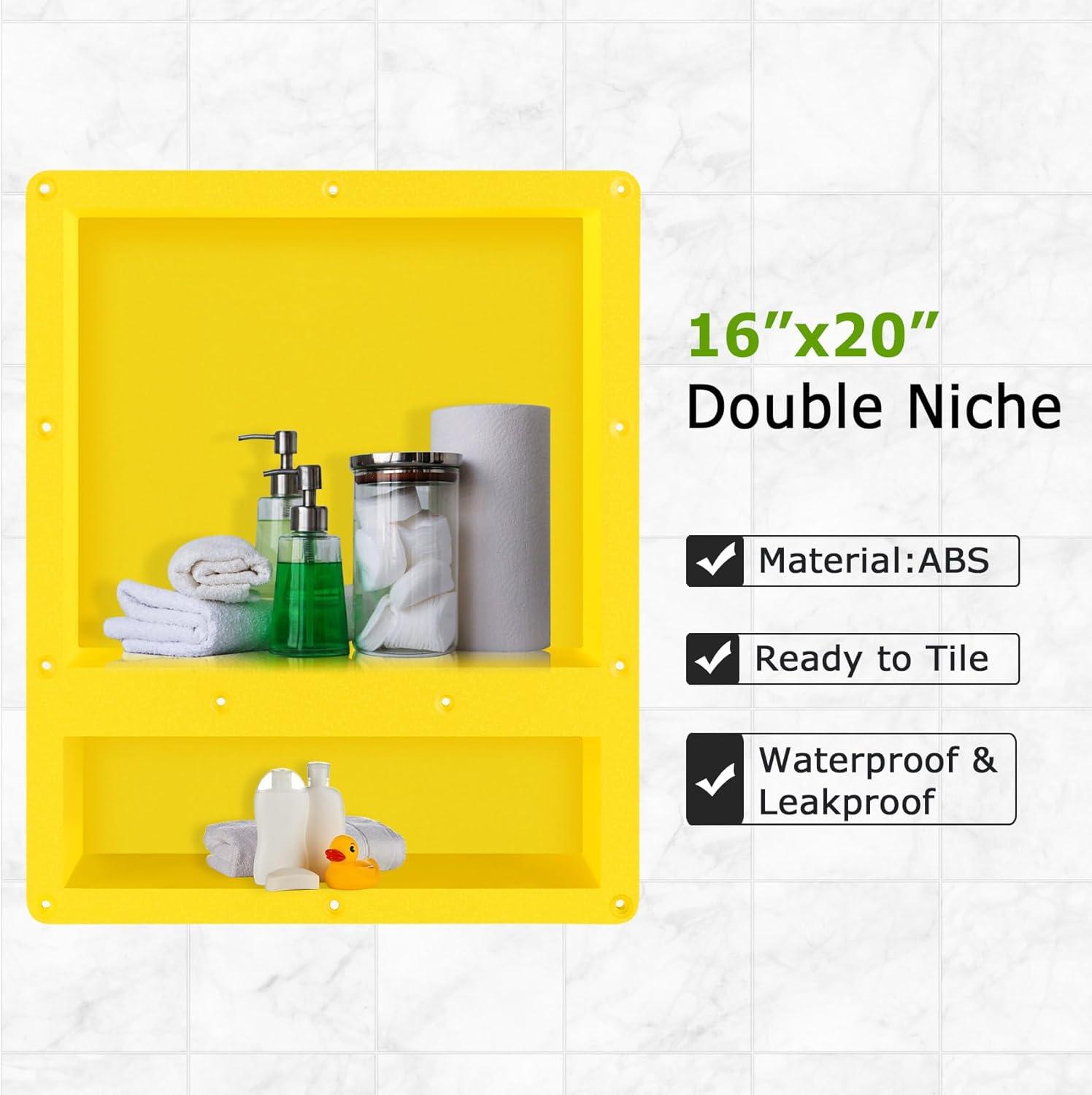 Yellow Rectangular Double Shelf Leakproof Shower Niche