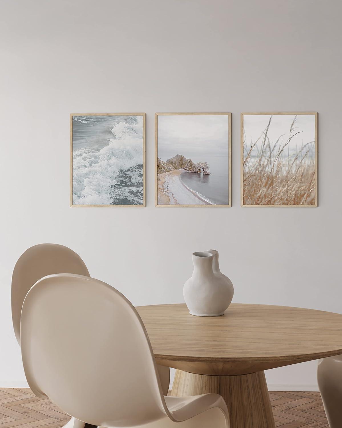 Haus and Hues Beach Wall Decor - Set of 3 Beach Pictures Wall Art, Ocean Wall Art, Coastal Wall Art, Nature Wall Art, Modern Wall Art, Beach Poster, Framed Wall Art For Living Room(Framed Beige 12x16)