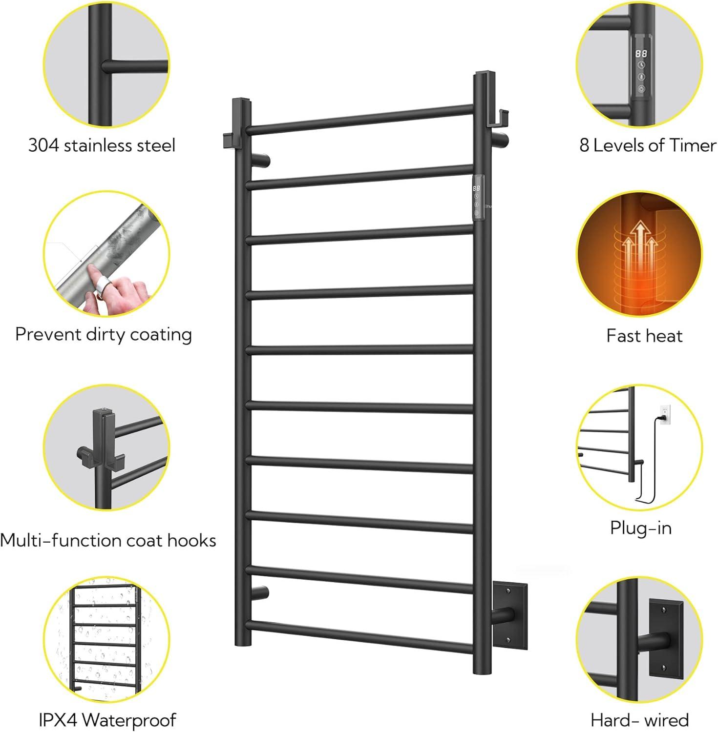 Matte Black 10-Bar Stainless Steel Wall Mounted Towel Warmer