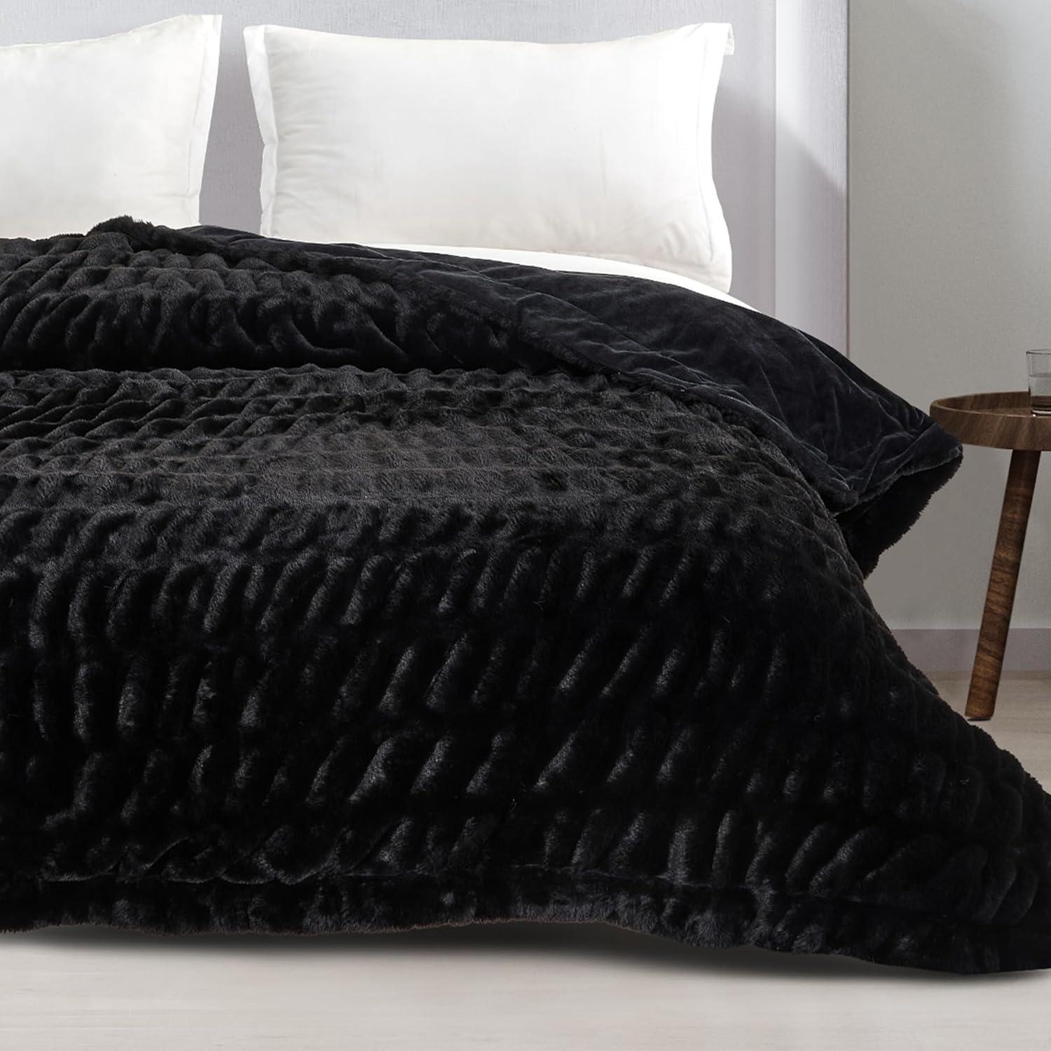 Black Faux Fur Reversible Throw Blanket for Couch or Chair, 50" x 60"