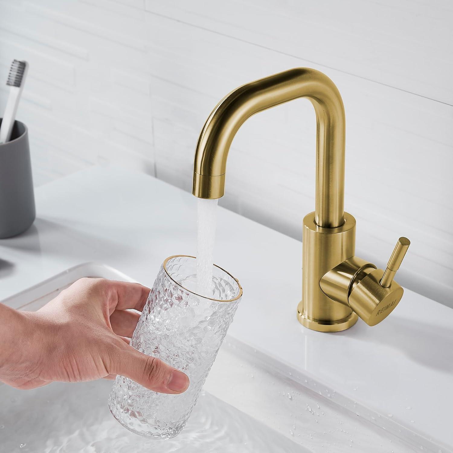 Single Hole Bathroom Sink Faucet Brushed Gold, Modern Single Handle Bathroom Faucet Stainless Steel Swivel Spout Commercial RV Bathroom Faucet Wet Bar Faucet