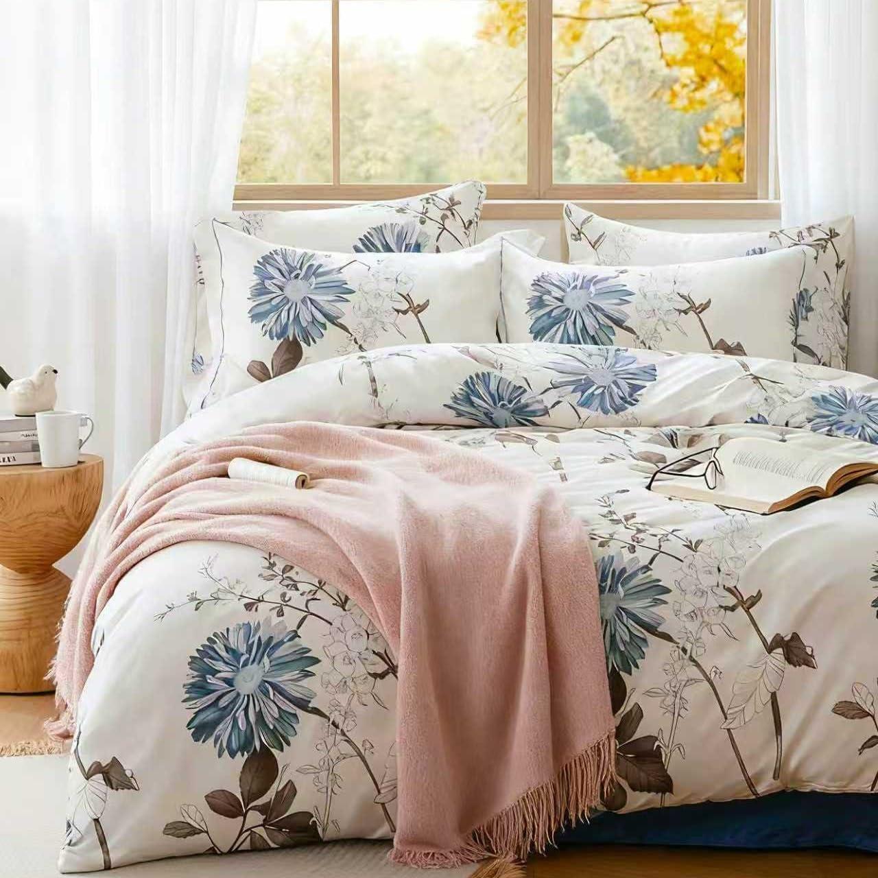 Queen White and Green Floral Reversible Microfiber Comforter Set