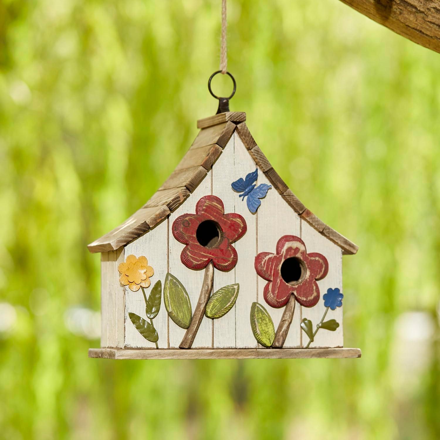 Distressed White Wooden Two-Story Garden Birdhouse with 3D Flowers