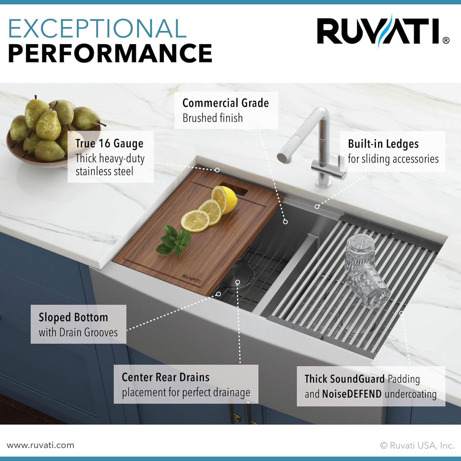 Ruvati 33" Apron-front Workstation Low-Divide60/40 Farmhouse Kitchen Sink Stainless Steel