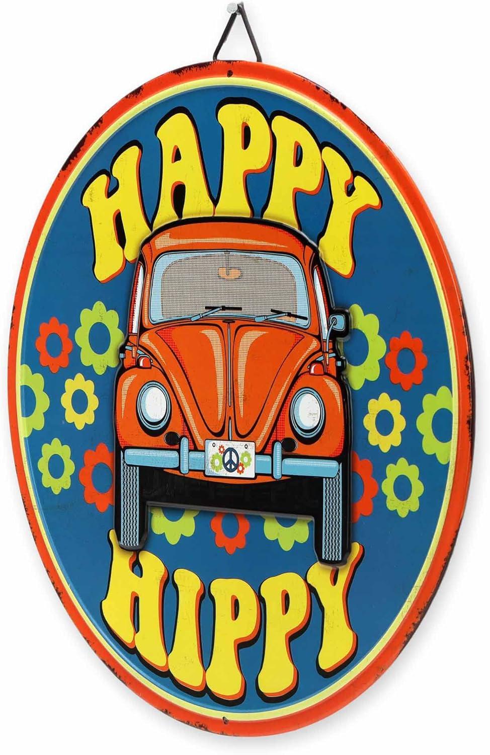 Volkswagen Happy Hippy Round Metal Sign - Fun VW Beetle Sign for Garage or Man Cave