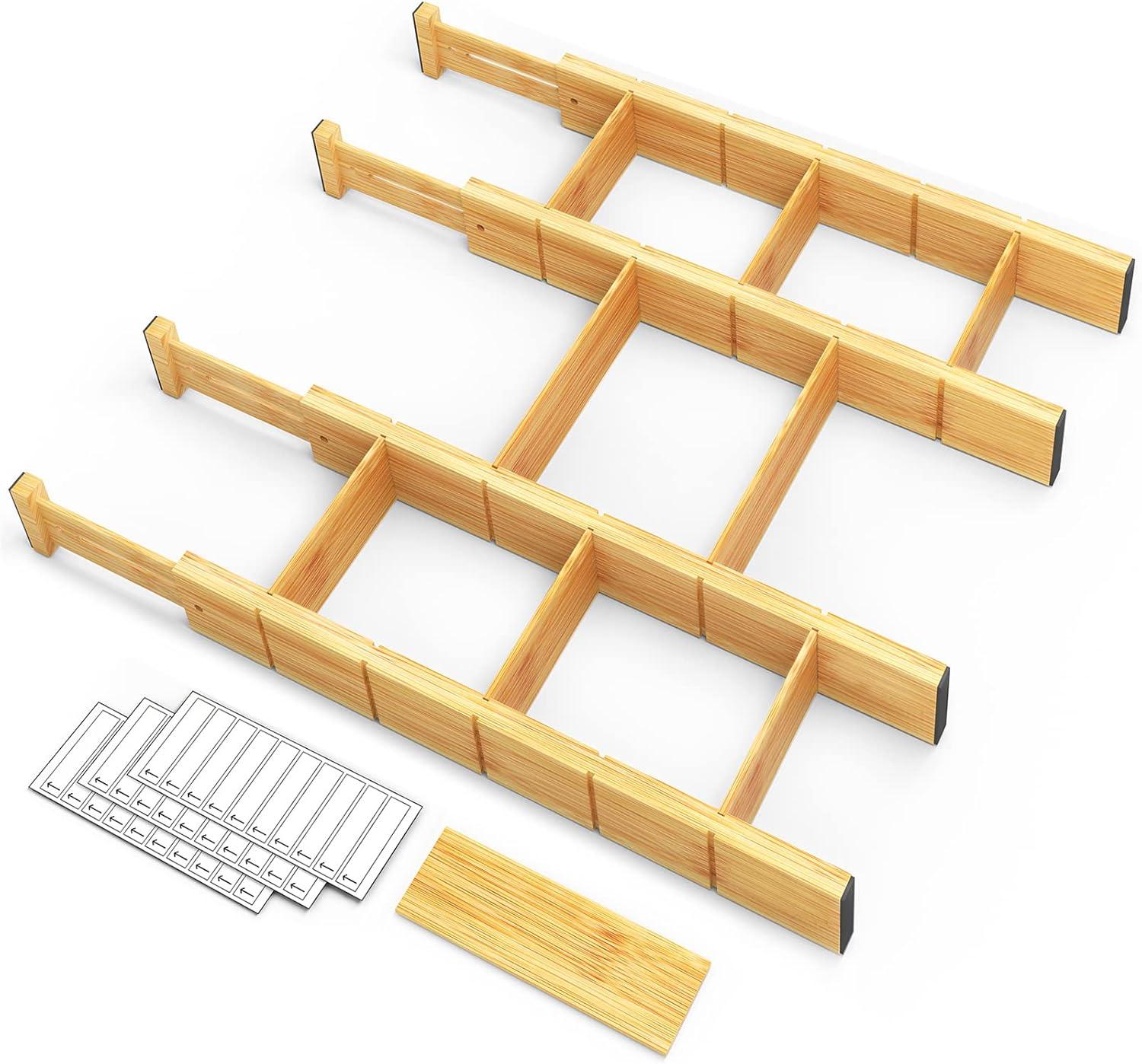 Patented Set of 4  Bamboo Expandable Drawer Dividers with Labels,with 9 Inserts (17-22 in)-SpaceAid®