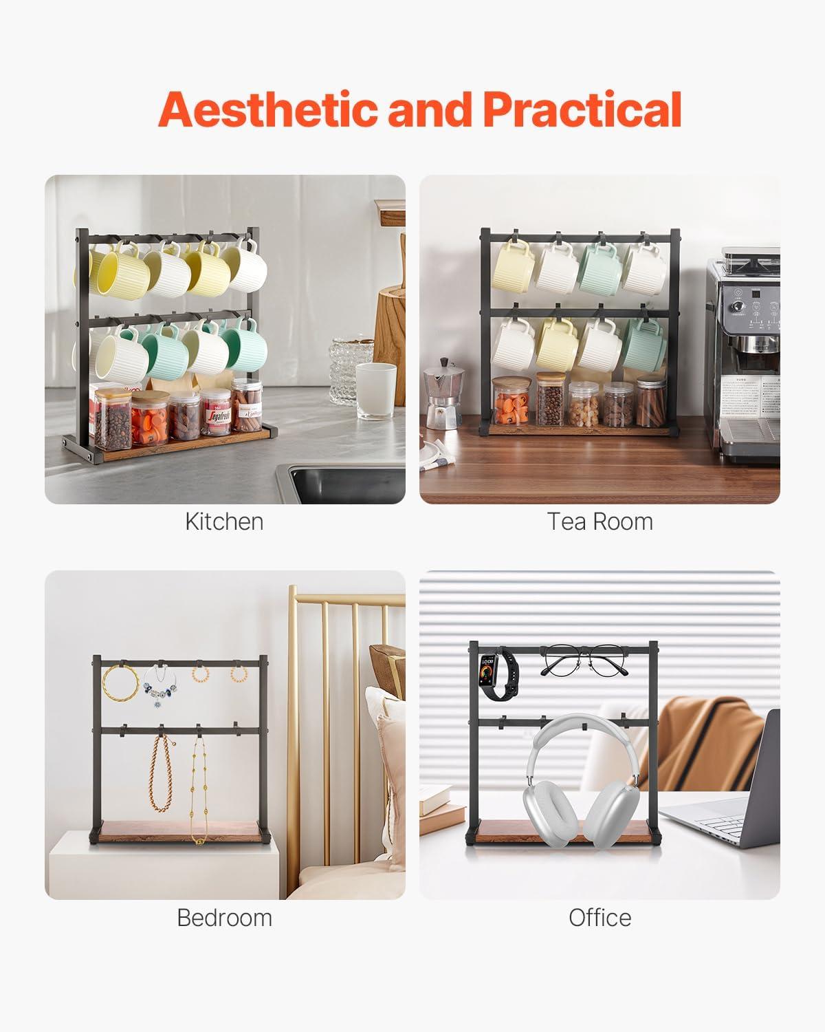 Coffee Mug Holder for Countertop, 16-Hooks Coffee Cup Holder with Storage Base, 2-Tier Mugs Tree Rack Carbon Steel