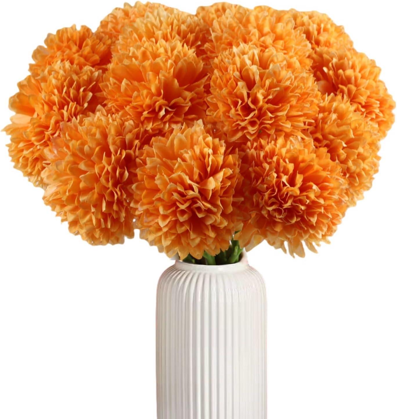 12pcs Orange Fake Flowers 12" Artificial Chrysanthemum Ball Silk Flowers Bouquet for Home Kitchen Wedding Table Arrangement Decorations