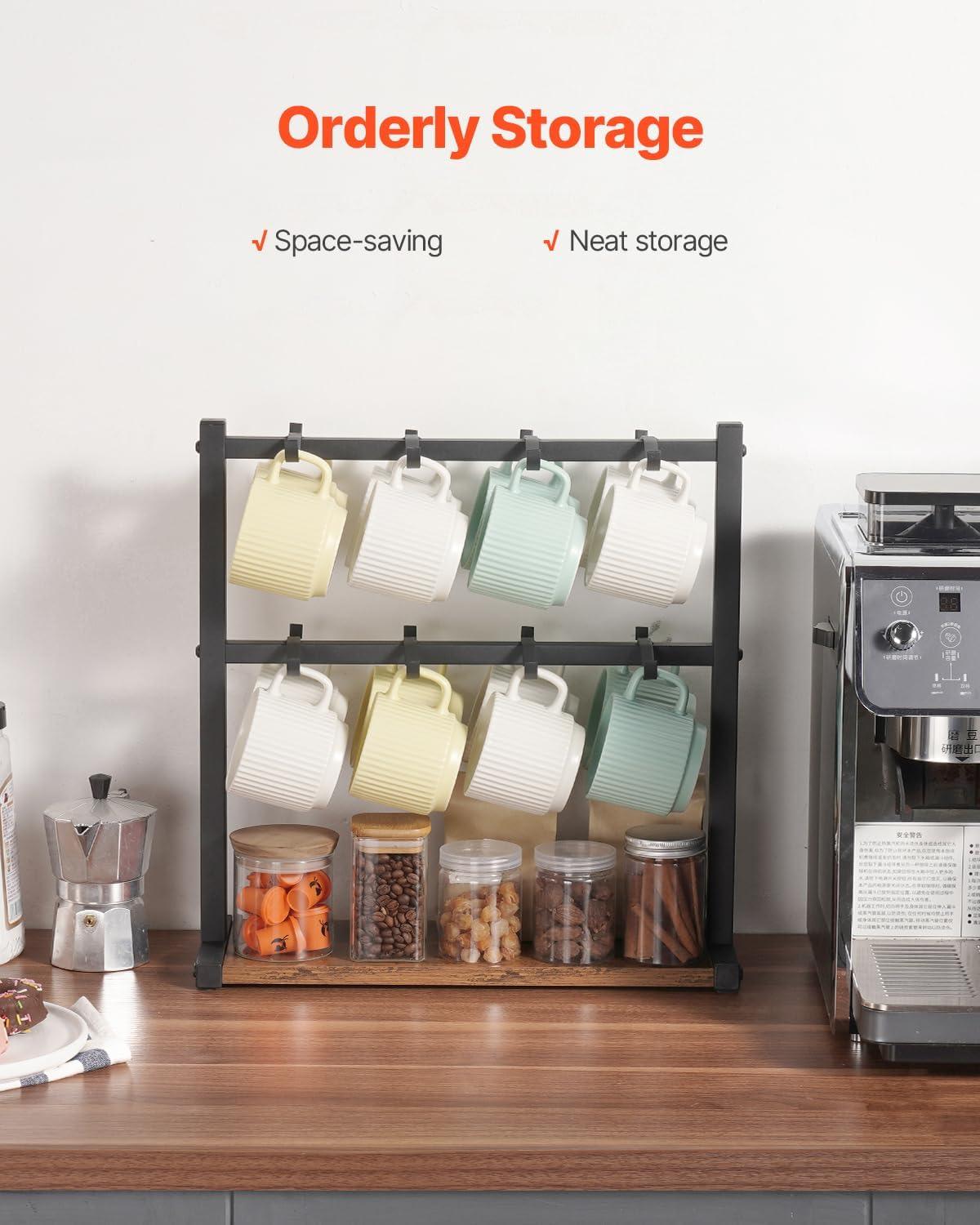 Coffee Mug Holder for Countertop, 16-Hooks Coffee Cup Holder with Storage Base, 2-Tier Mugs Tree Rack Carbon Steel