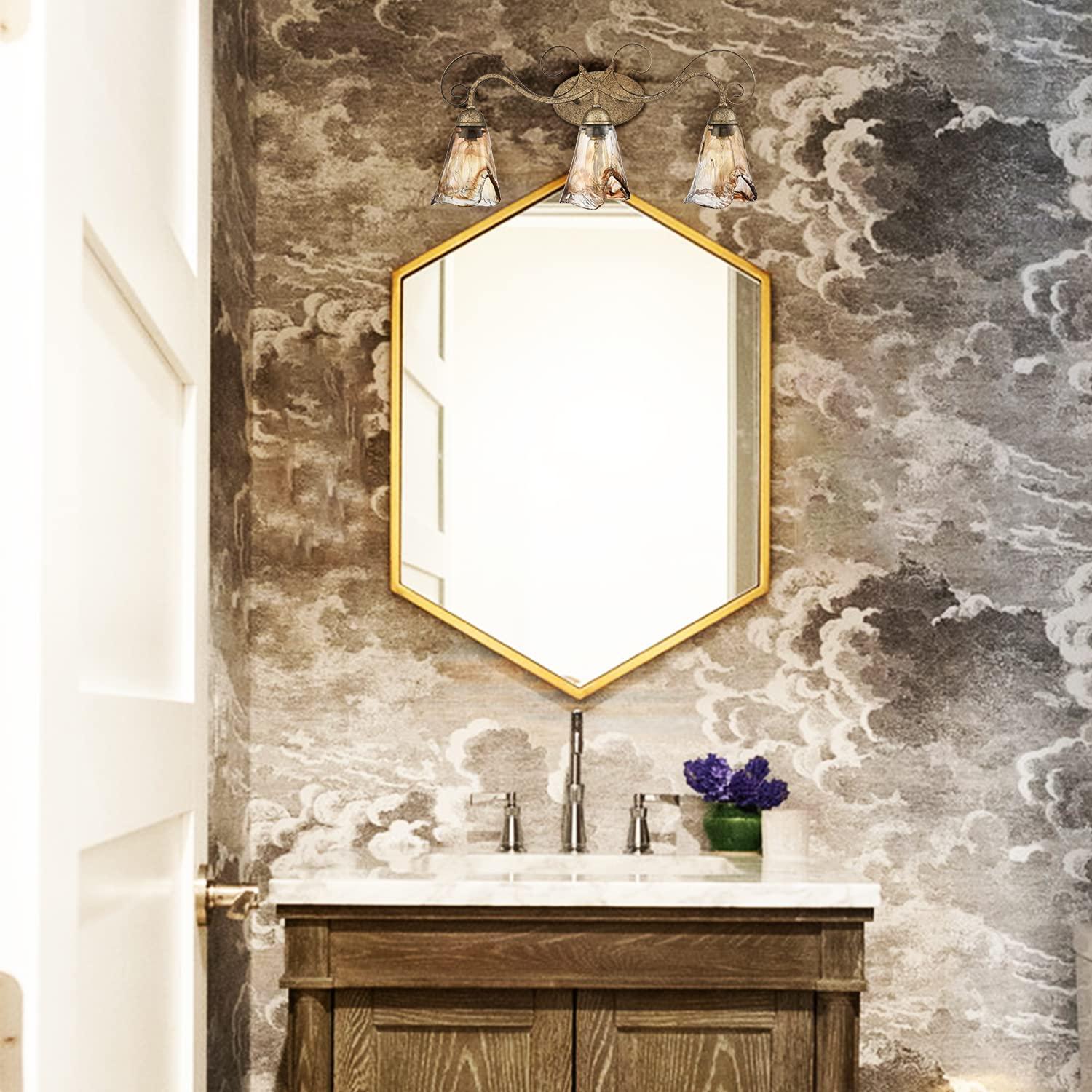 DANSEER Vintage Vanity Light Fixture Rustic Bathroom Wall Sconce 3-Light with Amber Glass Shade