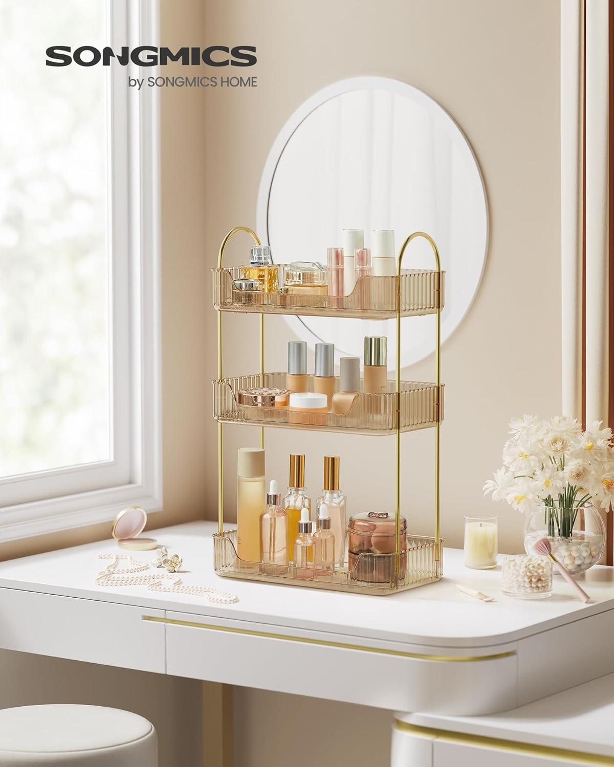 SONGMICS Makeup Organizer, 3-Tier Skincare Organizer Countertop, Customizable, 2 Types of Accessories, Jewelry Holder, for Vanity, Bedroom, Bathroom, Champagne Gold UJKA013A01