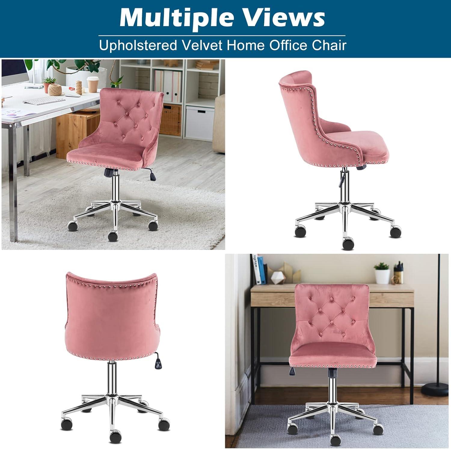 Pink Velvet Swivel Office Chair with Adjustable Height