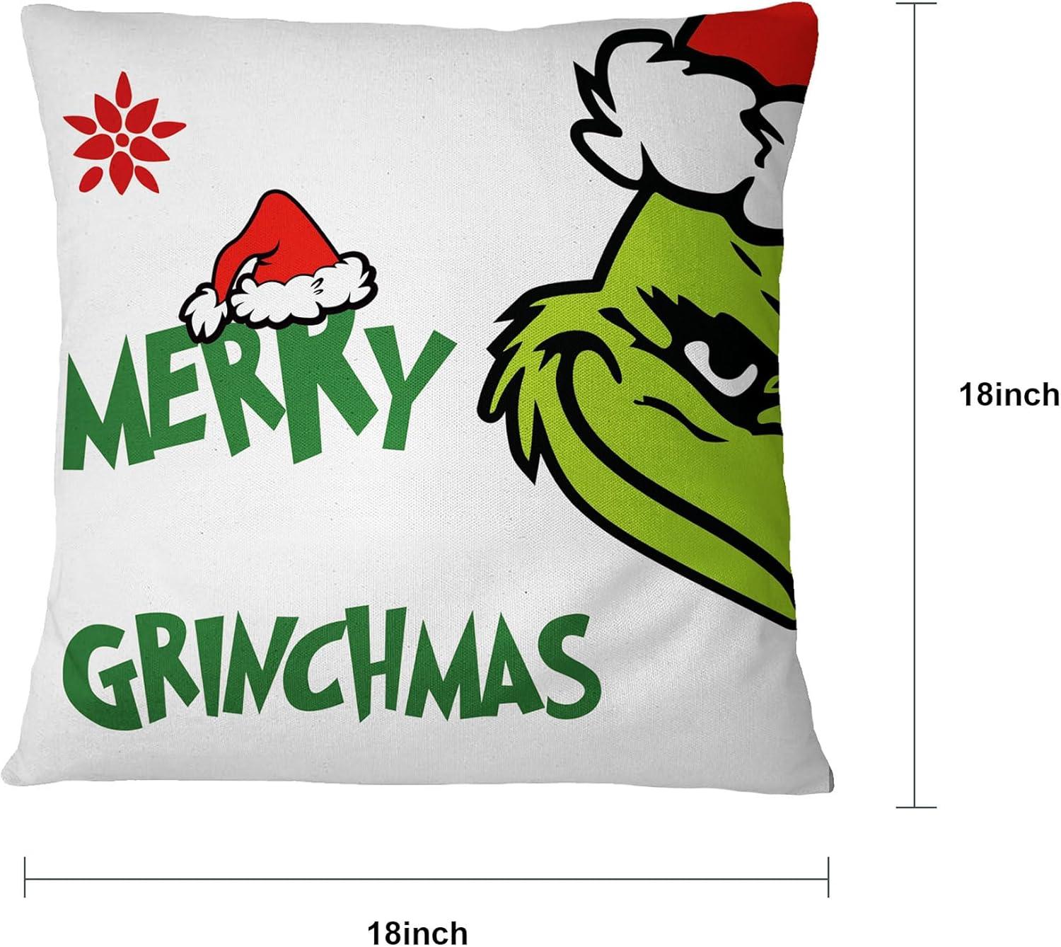 Christmas Grlnch Pillow Covers 18x18 Inch for Christmas Decorations Throw Pillow Case Green and Red Stripe Farmhouse Merry Winter Holiday Home Decor Sofa Cushion Set of 4