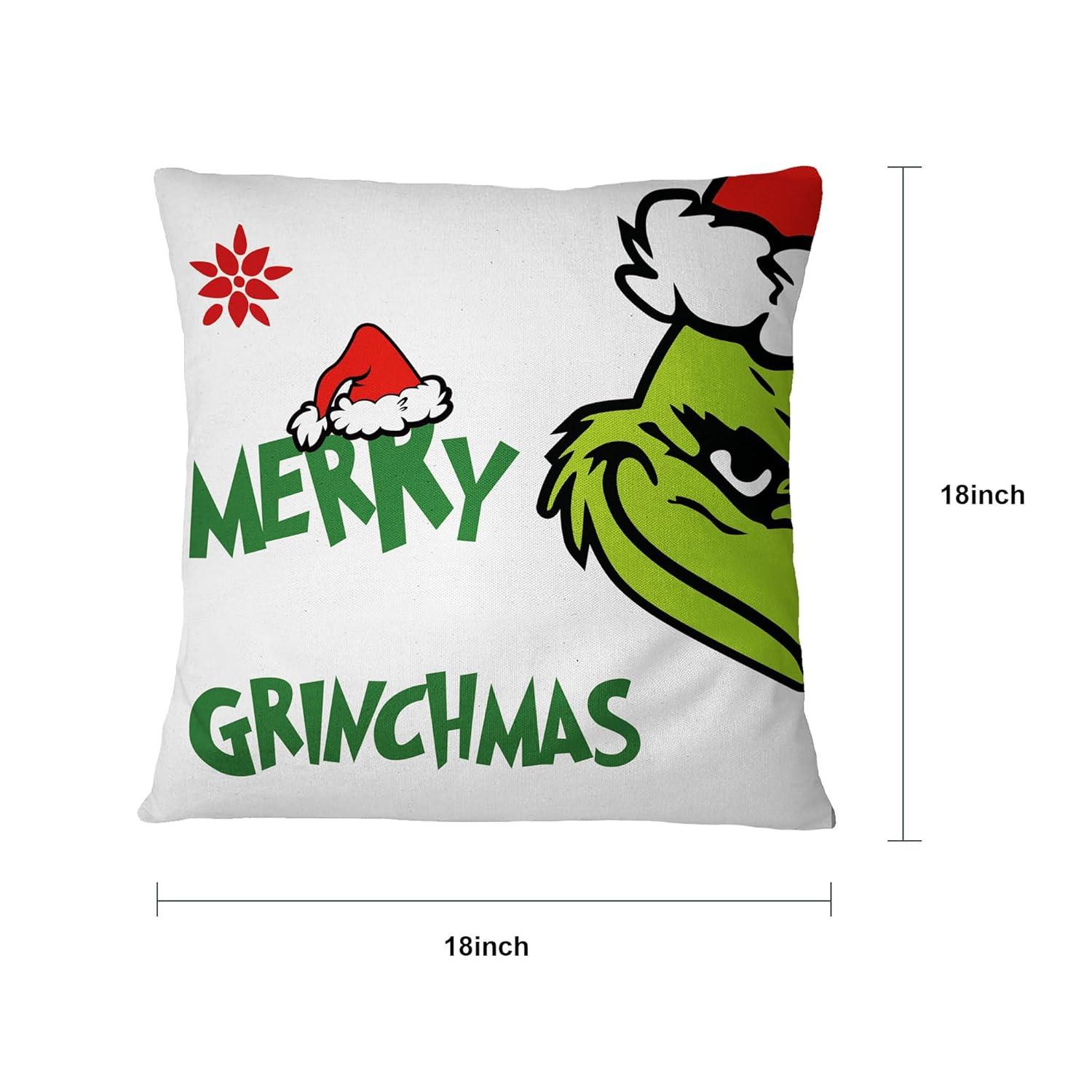 Christmas Grlnch Pillow Covers 18x18 Inch for Christmas Decorations Throw Pillow Case Green and Red Stripe Farmhouse Merry Winter Holiday Home Decor Sofa Cushion Set of 4