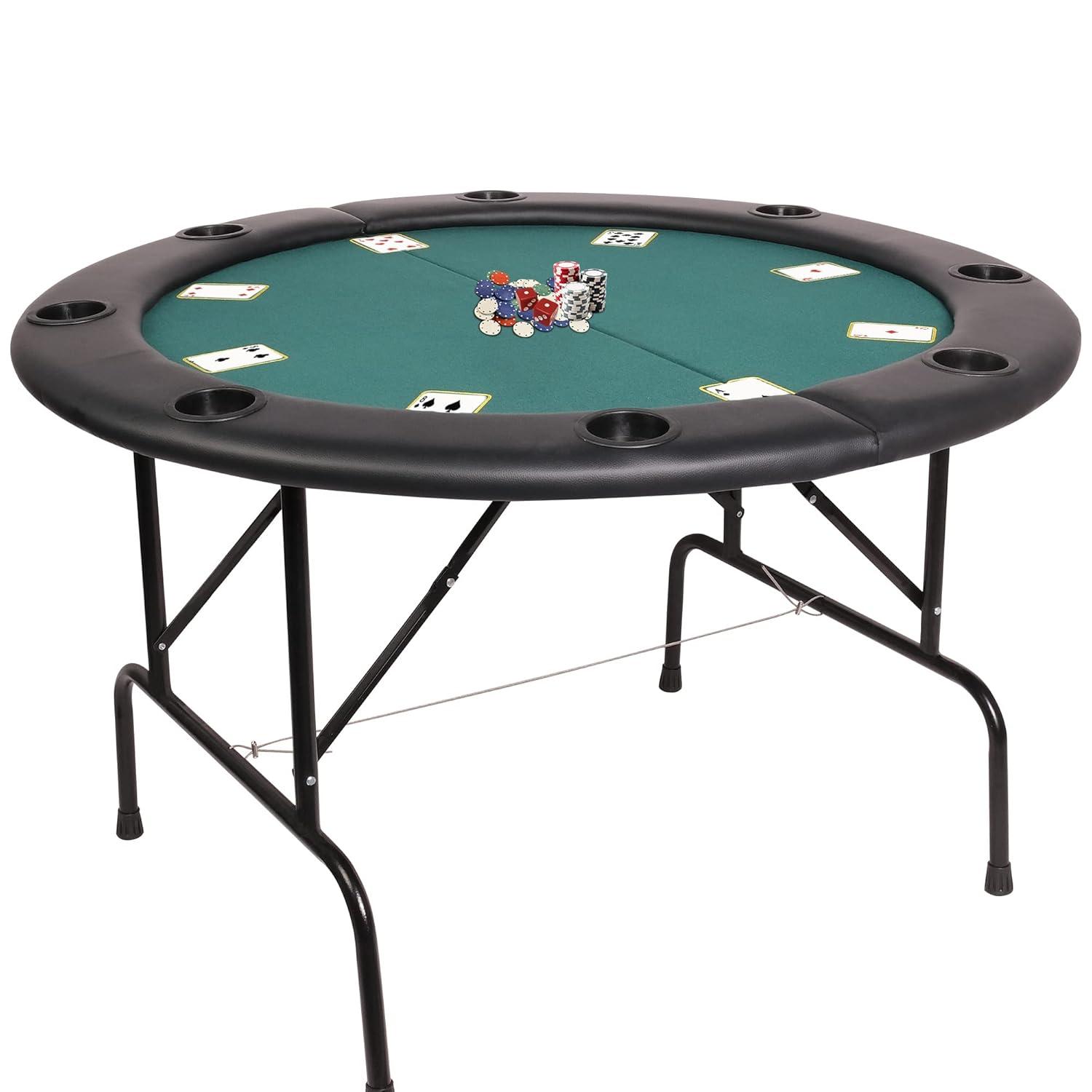 CARSTY 8-Player Round Folding Poker Table with Cup Holders, Casino Grade Green Felt Surface for Texas Hold'em, Blackjack, Board Games