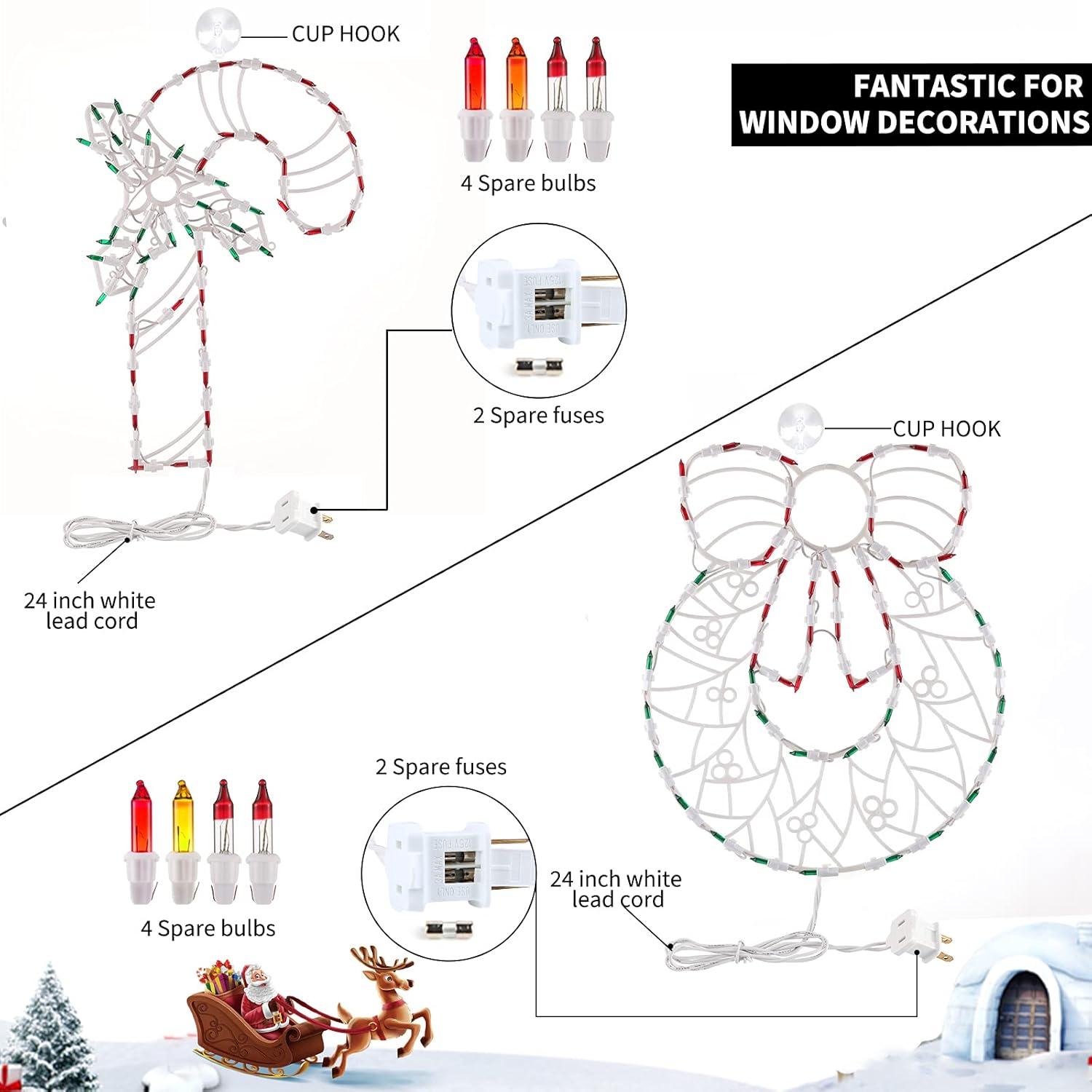 Christmas Window Silhouette Lights Decorations - Pack of 4 Sign Colour Lighted Wreath, Candy Cane, Bell, and Angel for Holiday Indoor Wall Door Glass Decor