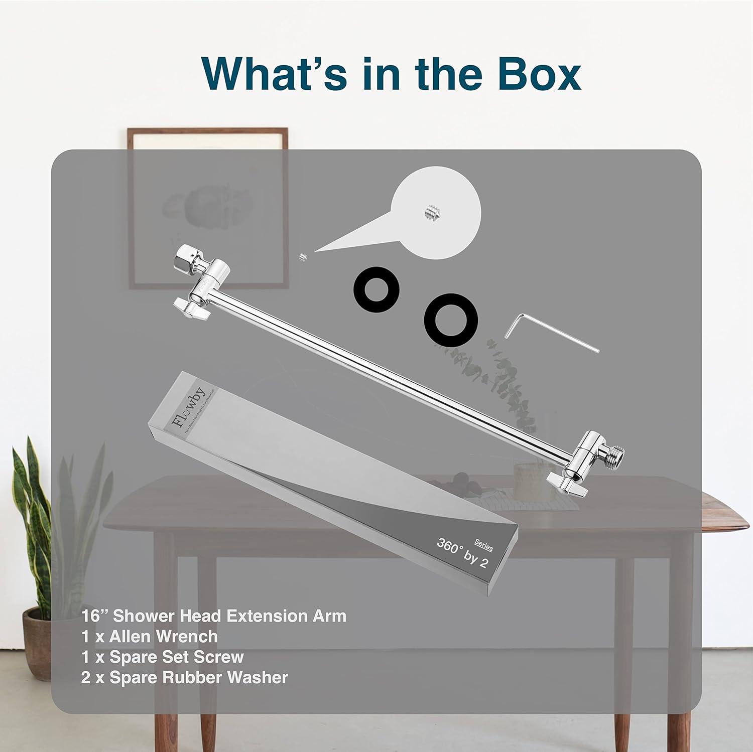 Flowby 𝟭6'' 𝗘𝘅𝘁𝗿𝗮 𝗟𝗼𝗻𝗴 Adjustable Solid Brass Chromed Shower Head Extension Arm, With Setting Screw and Locking Nuts, Extra Load of Weight, Height and Range Adjustable, Easy Installation