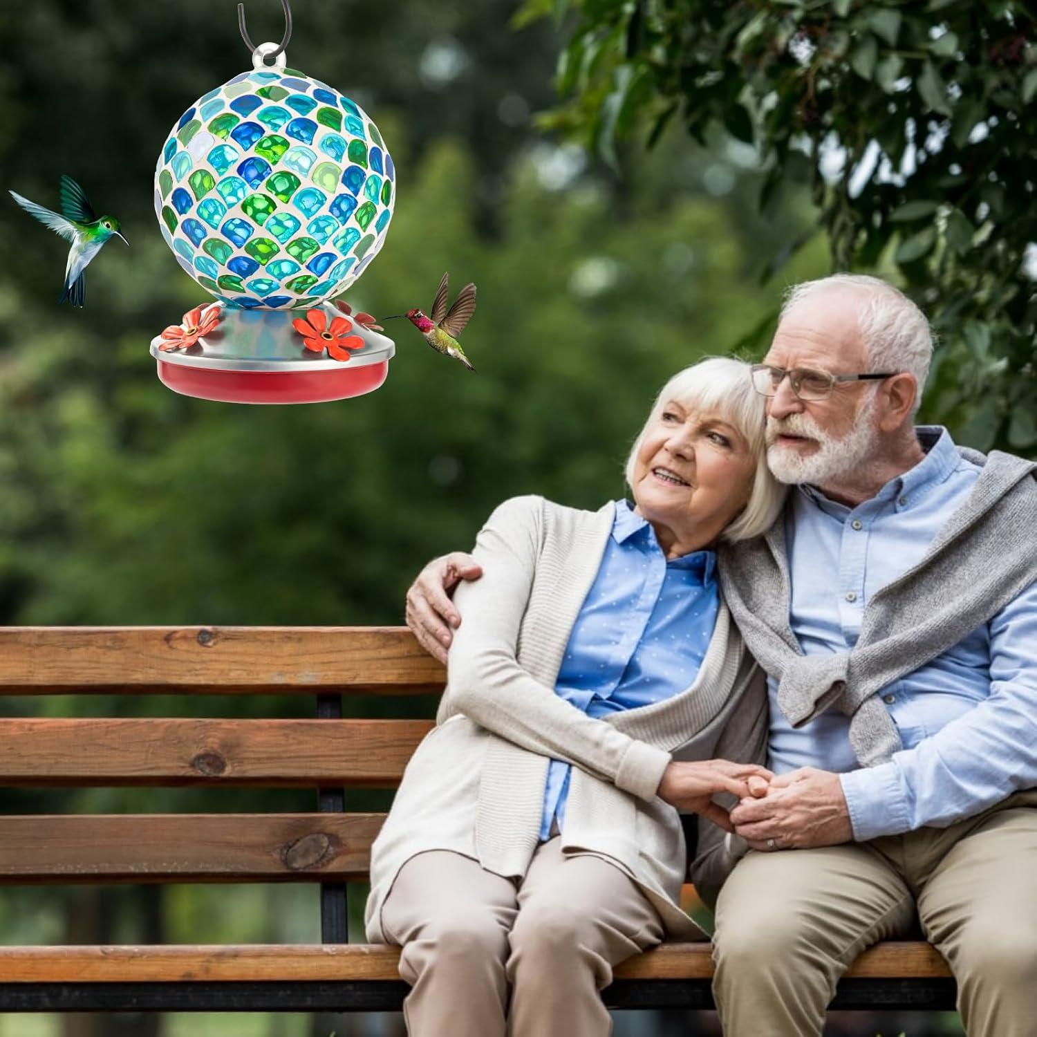 Hand-Blown Glass Hanging Hummingbird Feeder with Metal Hanger