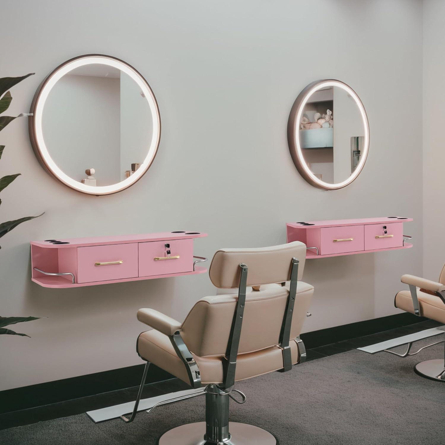 Pink Particle Board Wall Mount Styling Station with Gold Accents