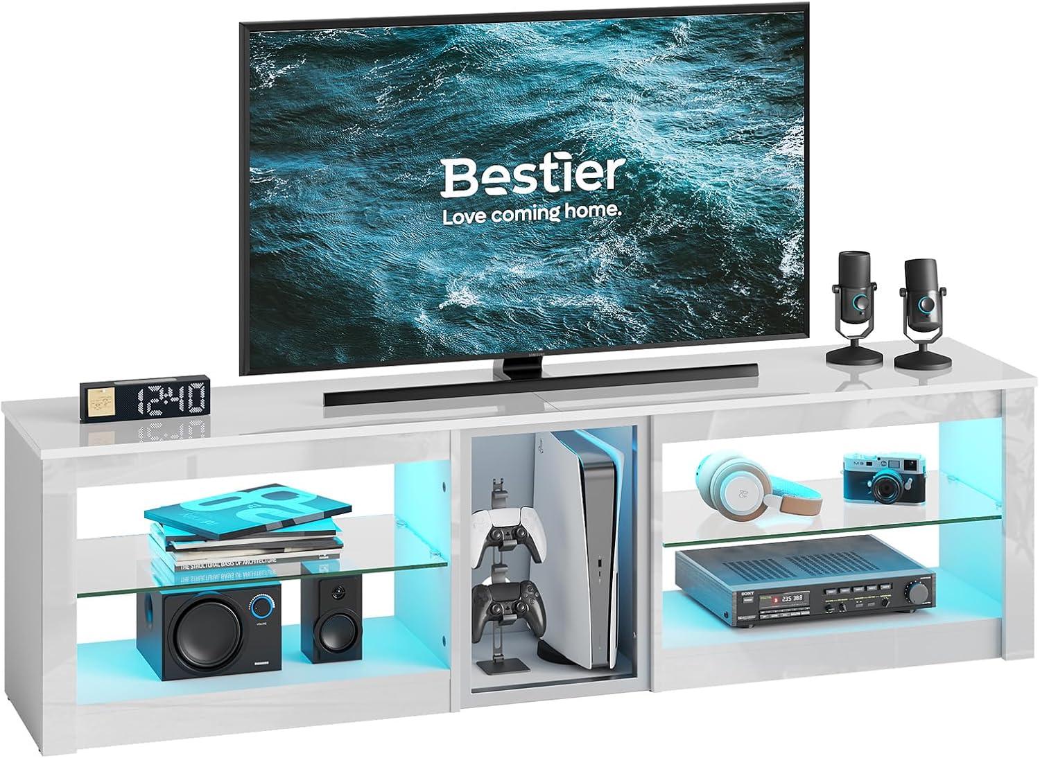 Bestier TV Stand for TVs up to 70" with LED Light, Entertainment Center for PS5 with Shelves, Black Marble