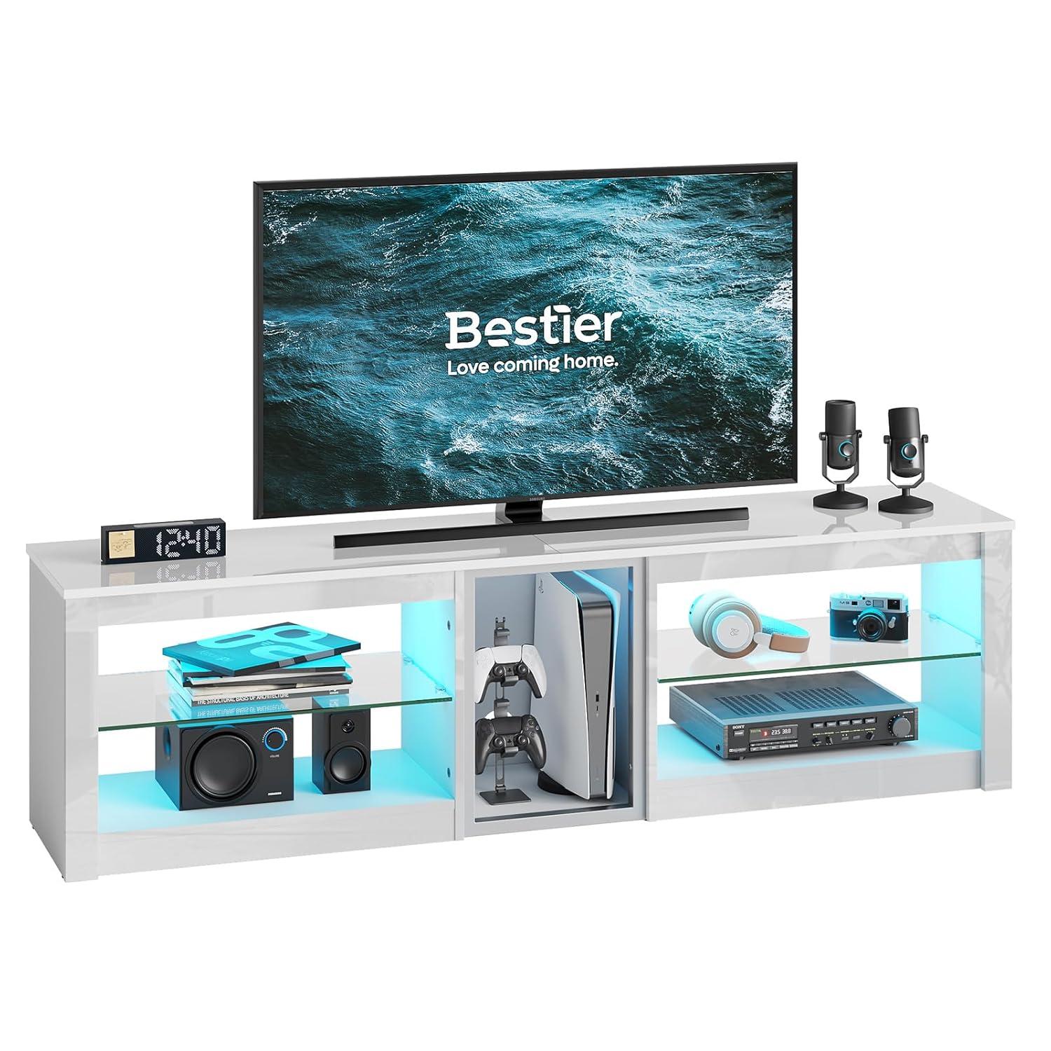 Bestier TV Stand for TVs up to 70" with LED Light, Entertainment Center for PS5 with Shelves, Black Marble