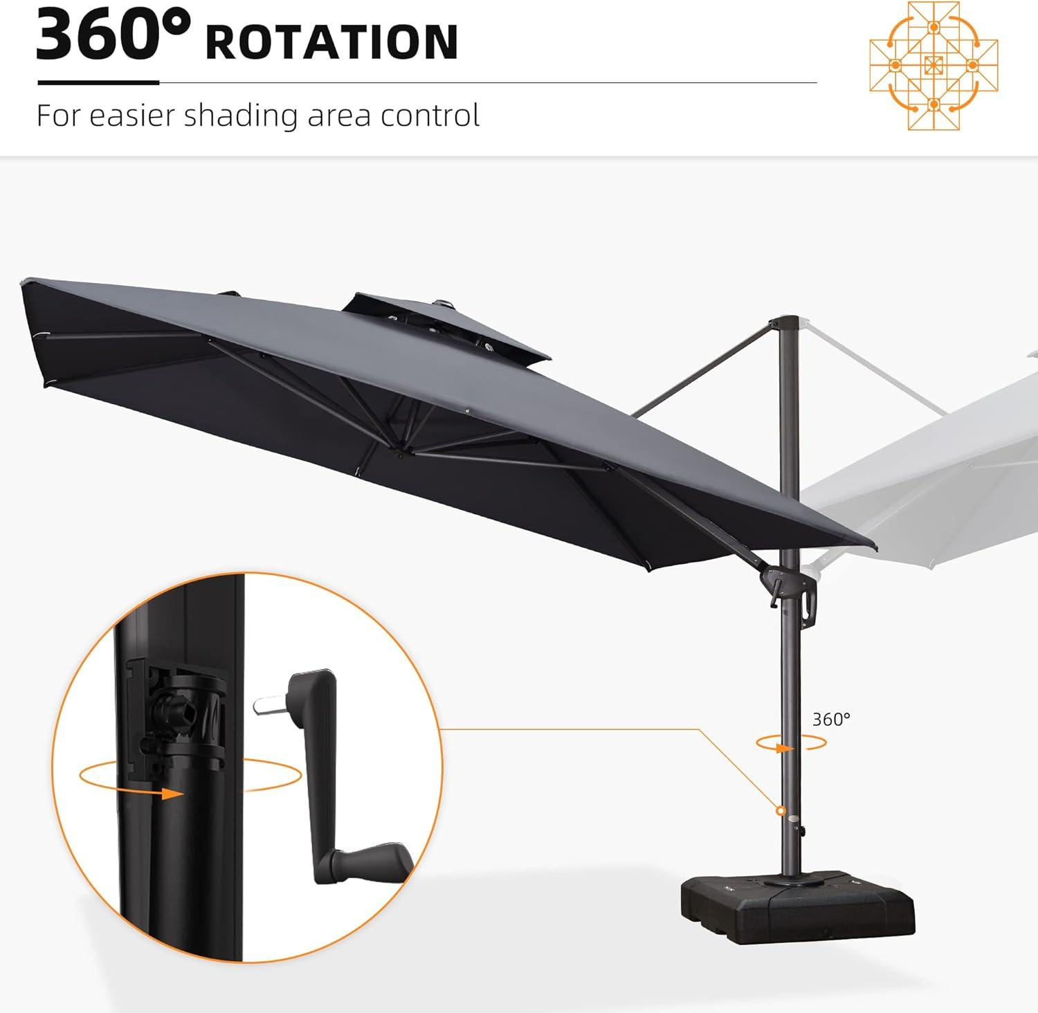 PURPLE LEAF 10' X 13' Patio Umbrella, Rectangle Outdoor Cantilever Umbrella, Aluminum Offset Umbrella with Champagne Frame and 360° Rotation for Pool Deck Garden, Grey
