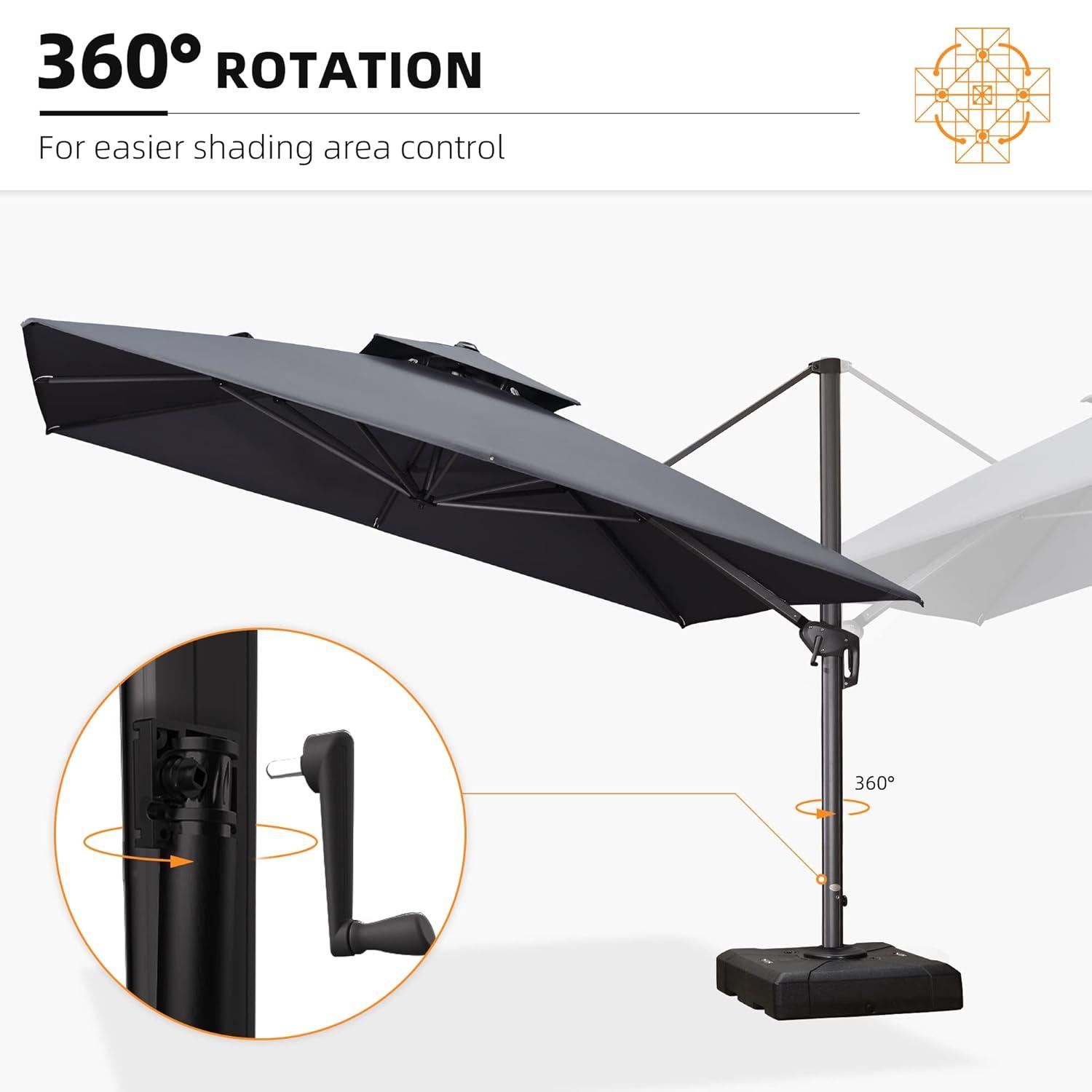 PURPLE LEAF 10' X 13' Patio Umbrella, Rectangle Outdoor Cantilever Umbrella, Aluminum Offset Umbrella with Champagne Frame and 360° Rotation for Pool Deck Garden, Grey