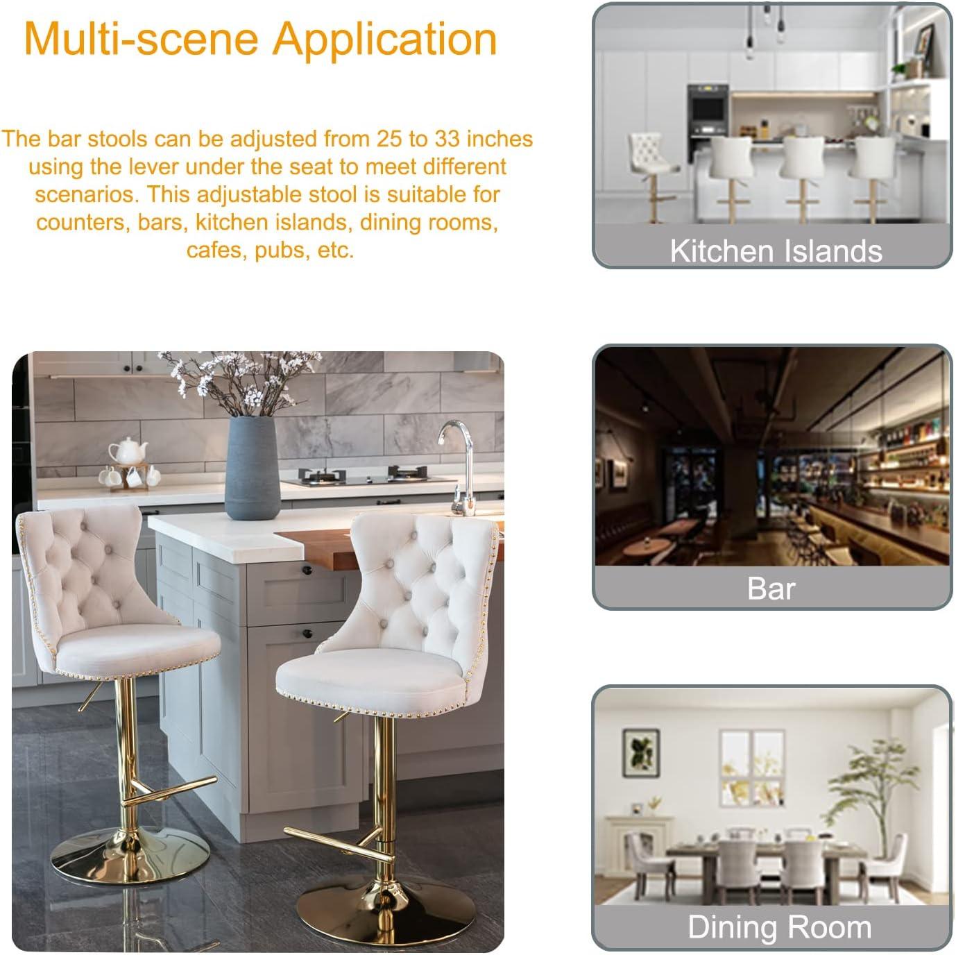 Bar Stools Set of 2, Swivel Barstools with Nailheads Trim, Velvet Button Tufted Back and Golden Footrest, Adjustable Counter Height Bar Stools for Kitchen Counter,Home Bar,Pub, Beige