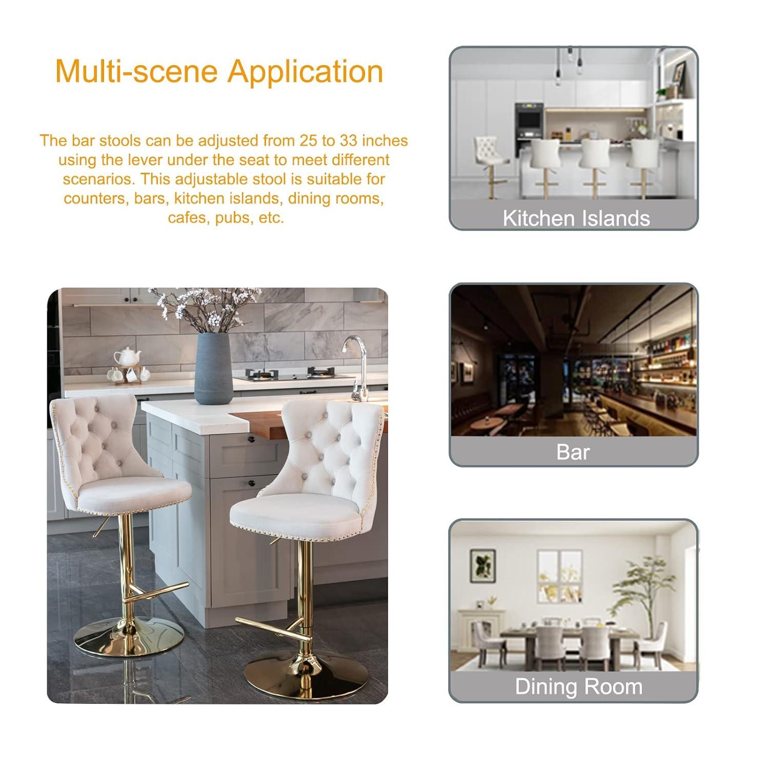 Bar Stools Set of 2, Swivel Barstools with Nailheads Trim, Velvet Button Tufted Back and Golden Footrest, Adjustable Counter Height Bar Stools for Kitchen Counter,Home Bar,Pub, Beige