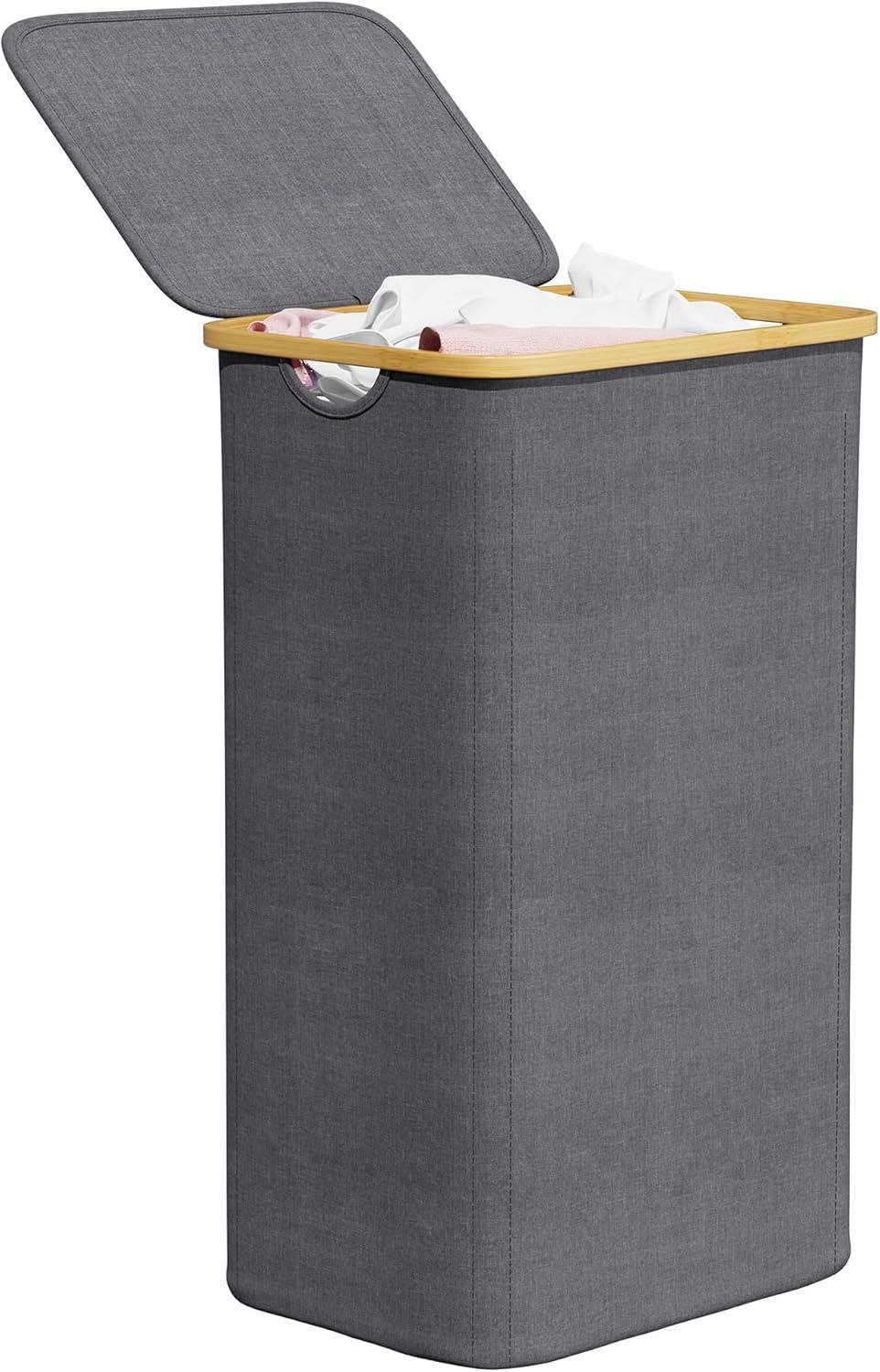 Gray Collapsible Upright Laundry Hamper with Bamboo Lid