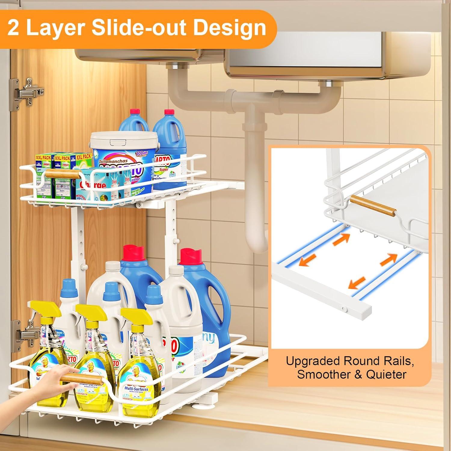 Sink Organizer, 2 Pack 2 Tier Sink Organizer and Storage, Slide-Out Pull-Out Cabinet Organizer, Sliding Metal Drawer for Home Kitchen, Bathroom, Pantry