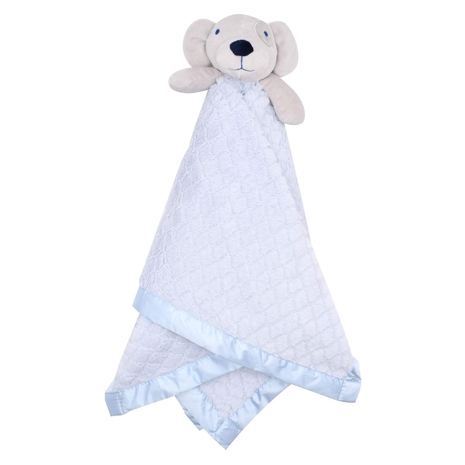 EVERYDAY KIDS Large Lovey Baby Security Blanket Sweet Dog Stuffed Animal on 30” Blue Snuggle Baby Blanket; Fluffy Fleece with Attached Plush Toy