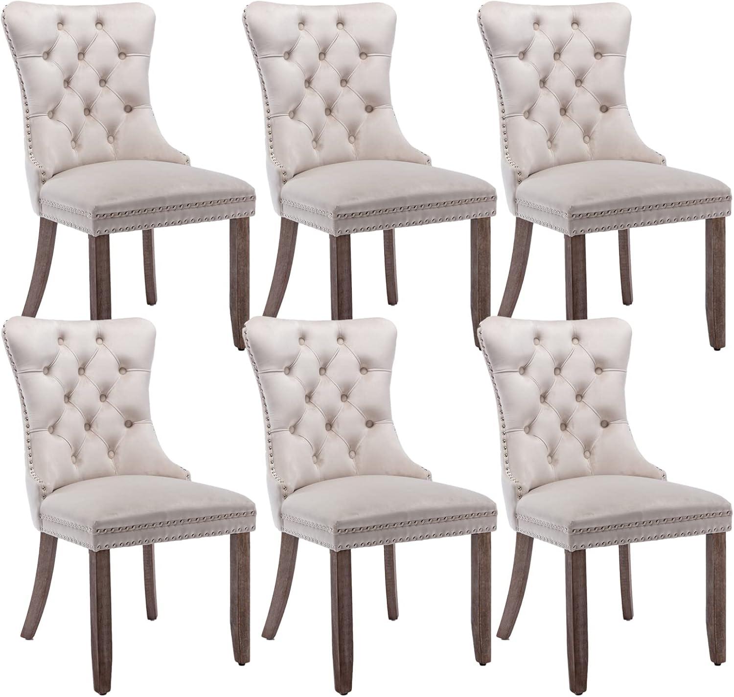 Tzicr Tufted Dining Chairs Set of 6, Upholstered Dining Chairs with Nailhead Back, Nailhead Trim, Velvet Dining Chairs for Kitchen/Bedroom/Dining Room(Beige)