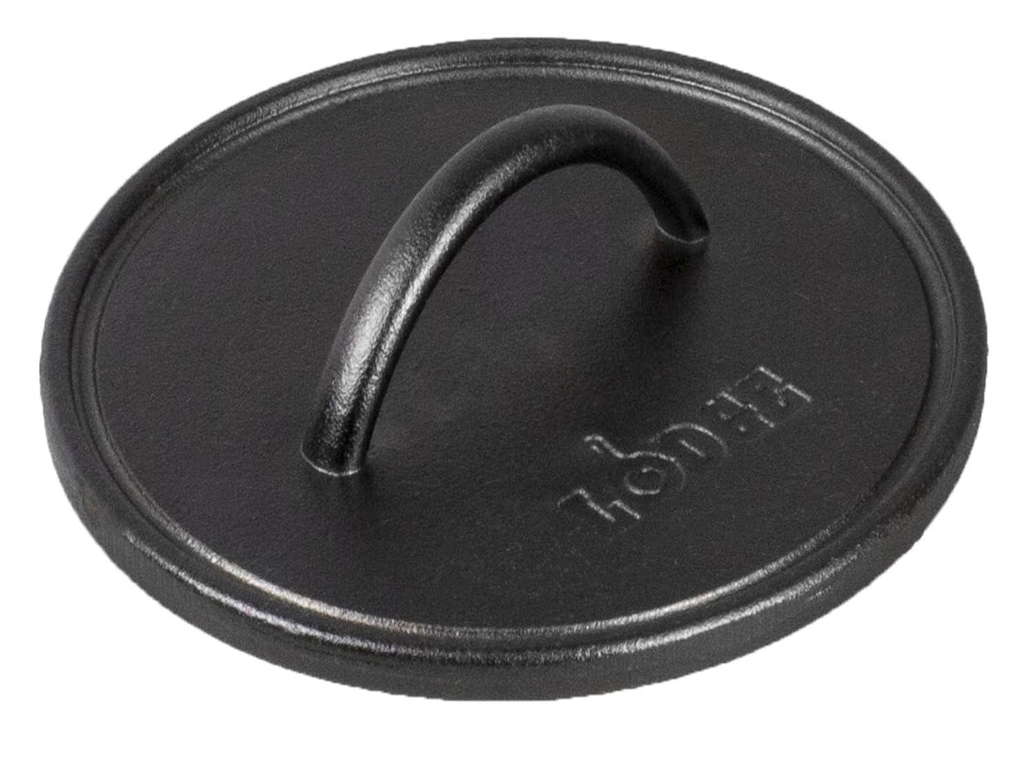 Lodge 8" Cast Iron Round Flat Grill Press: Oven & Broiler-Safe, Hand Wash, Gas & Induction Compatible, Black