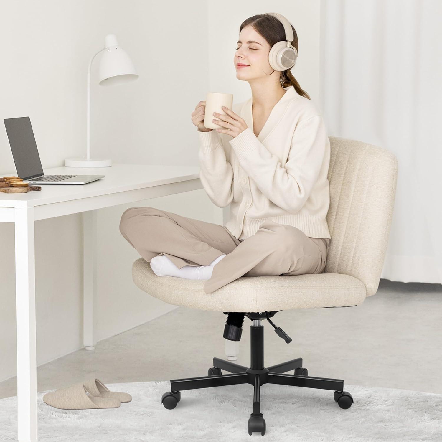 Beige Ergonomic Armless Fabric Swivel Desk Chair with Wheels