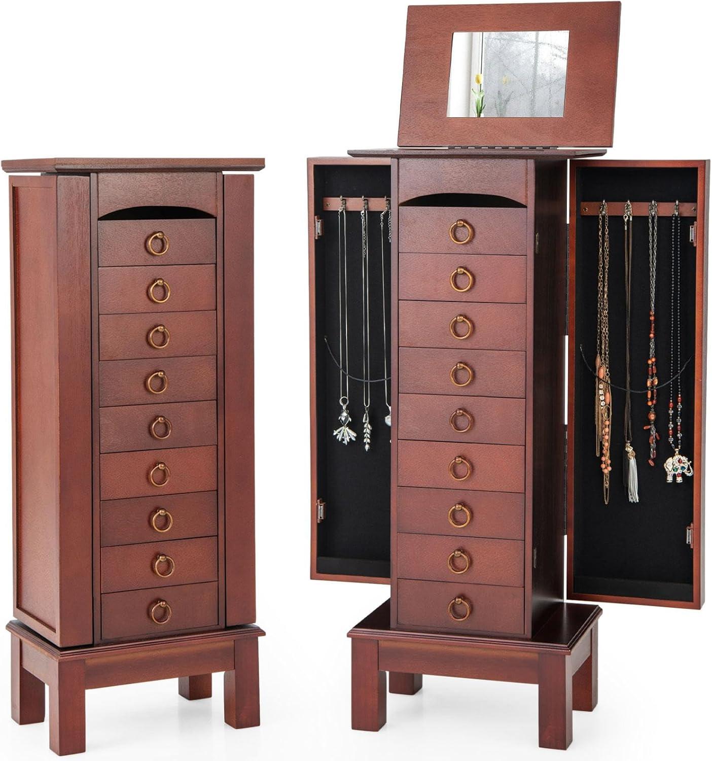 NAFORT Jewelry Armoire with Top Flip Vanity Mirror, Jewelry Cabinet with 9 Drawers and 2 Side Doors for Necklace, Large Storage Capacity Jewelry Organizer and Storage, Walnut