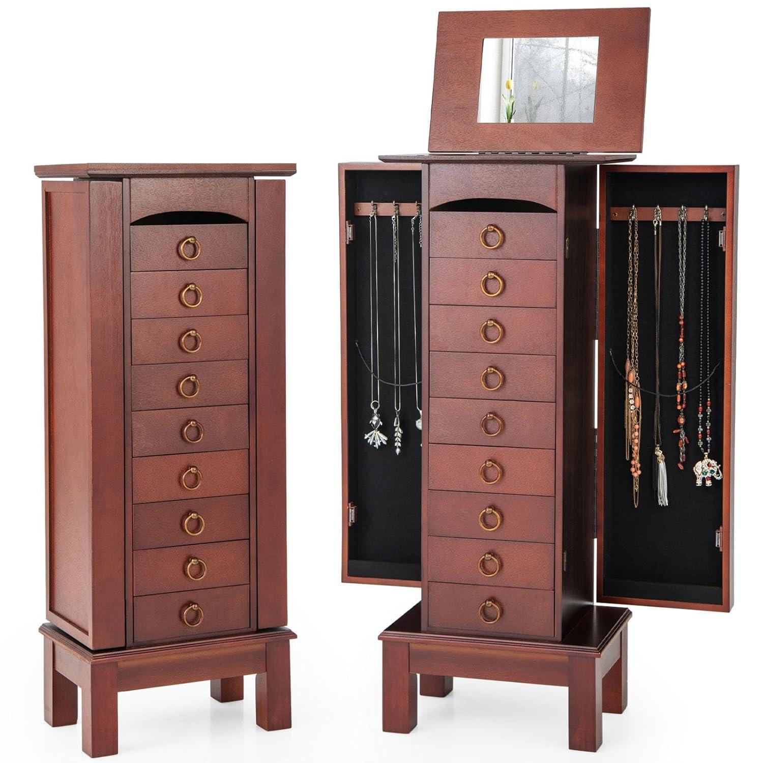 NAFORT Jewelry Armoire with Top Flip Vanity Mirror, Jewelry Cabinet with 9 Drawers and 2 Side Doors for Necklace, Large Storage Capacity Jewelry Organizer and Storage, Walnut