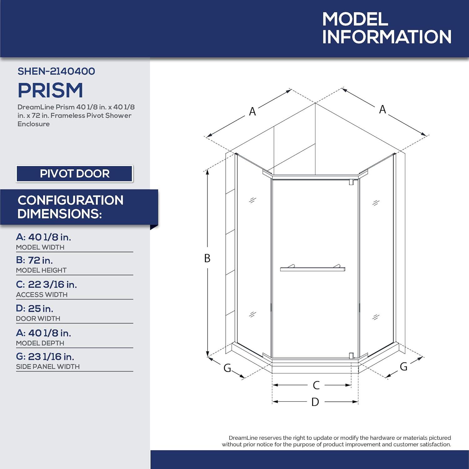 Prism 42" W x 42" D x 74.75" H Frameless Neo-Angle Reversible Shower Kit with Towel Bar and Base Included