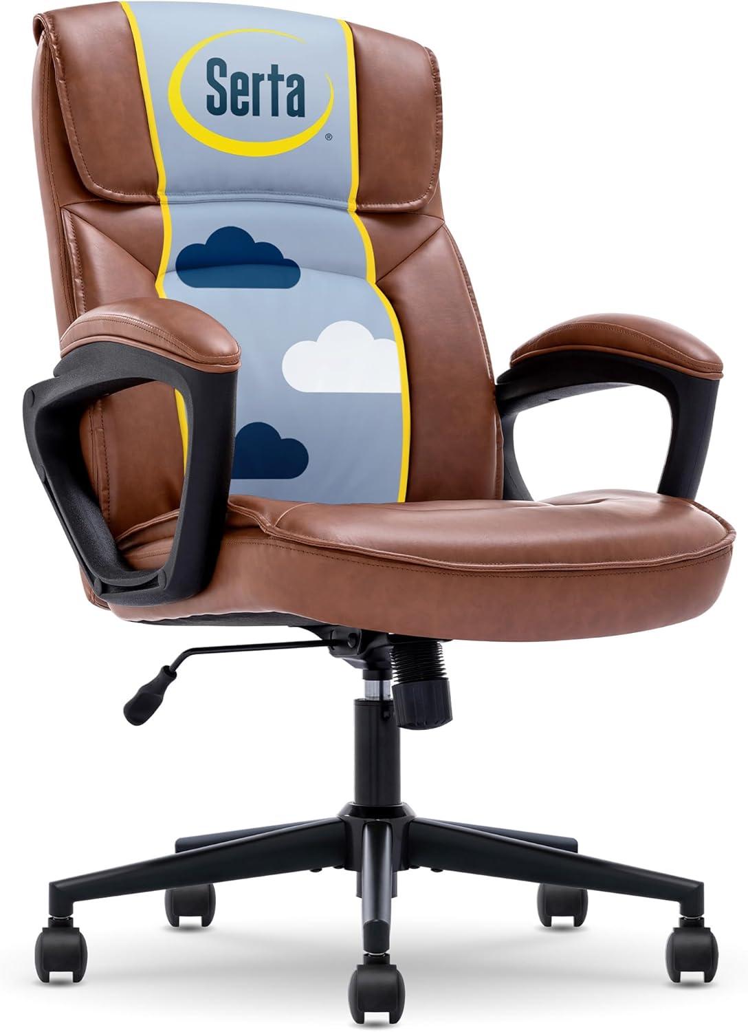 Style Hannah Office Chair Bonded Leather Comfort Cognac - Serta: Ergonomic Lumbar Support, Adjustable Height