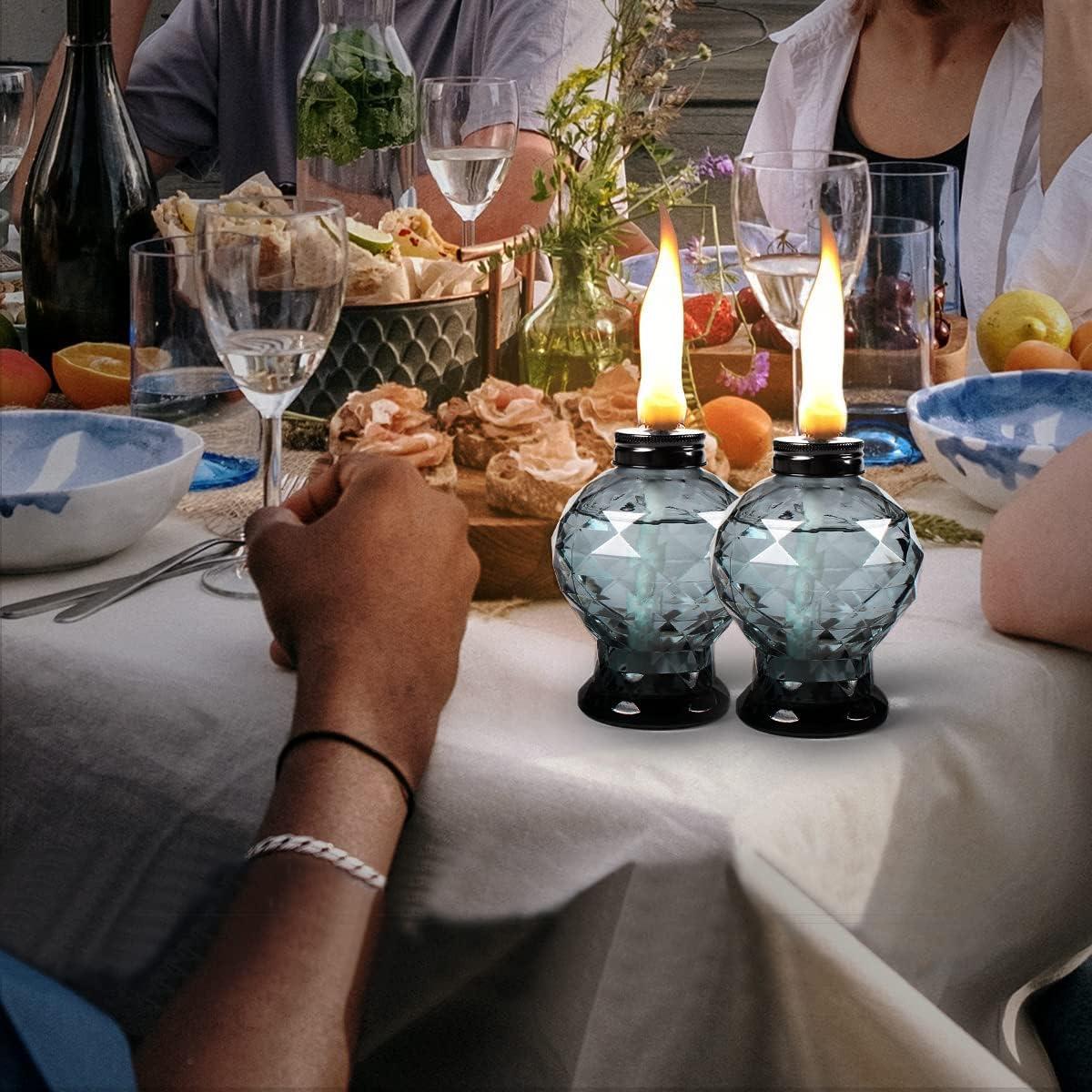 TRAHOO-4 Pack Glass Table Top Light Torches for Outside, Easy to Refill Glass Citronella Torches Outdoor Lanterns, Wick and Cap Included Torch for Garden Patio Yard Party