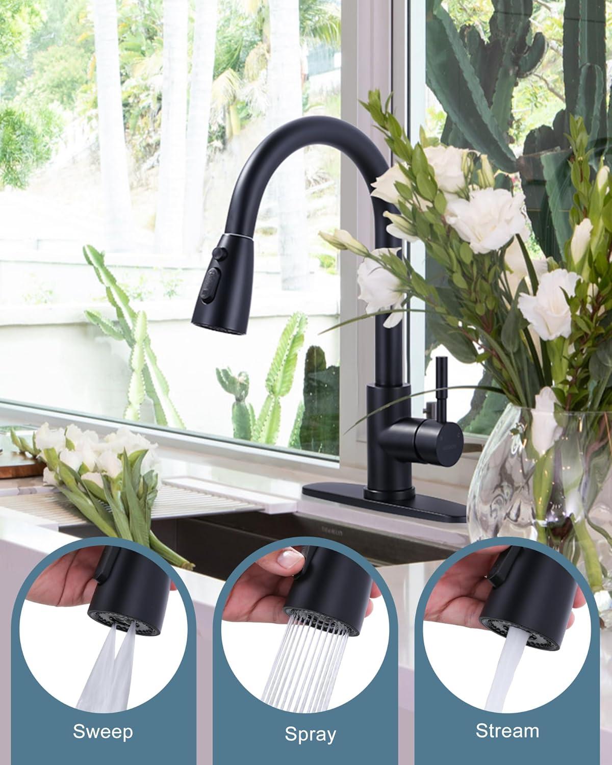 WOWOW Pull Down Kitchen Sink Faucet with Sprayer Stainless Steel Black 1 Handle Kitchen Faucets