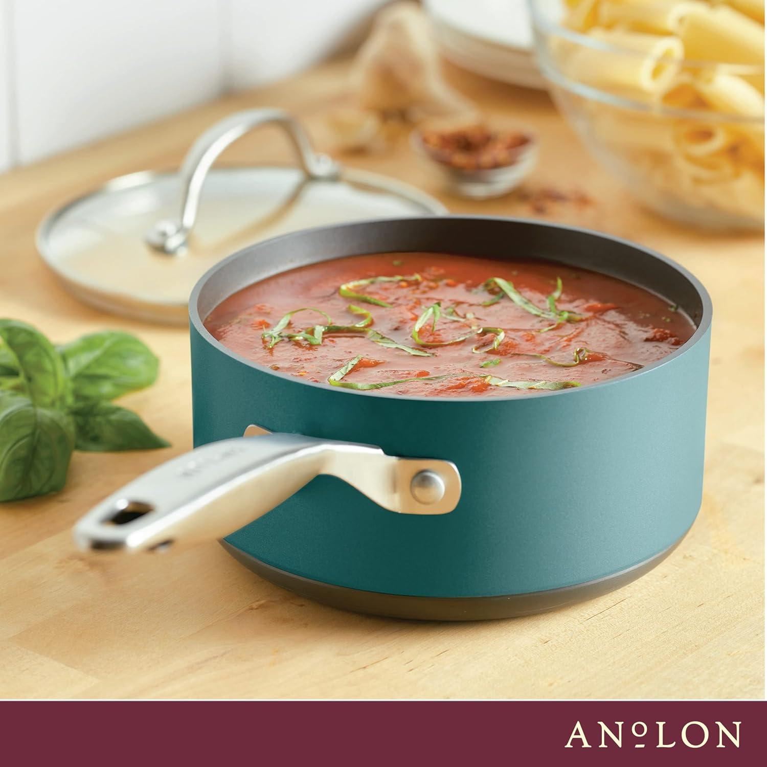 Anolon Achieve 2qt Nonstick Hard Anodized Sauce Pan with Lid Teal: 2 Quart Pot, Clear Glass Lid, Electric & Gas Compatible